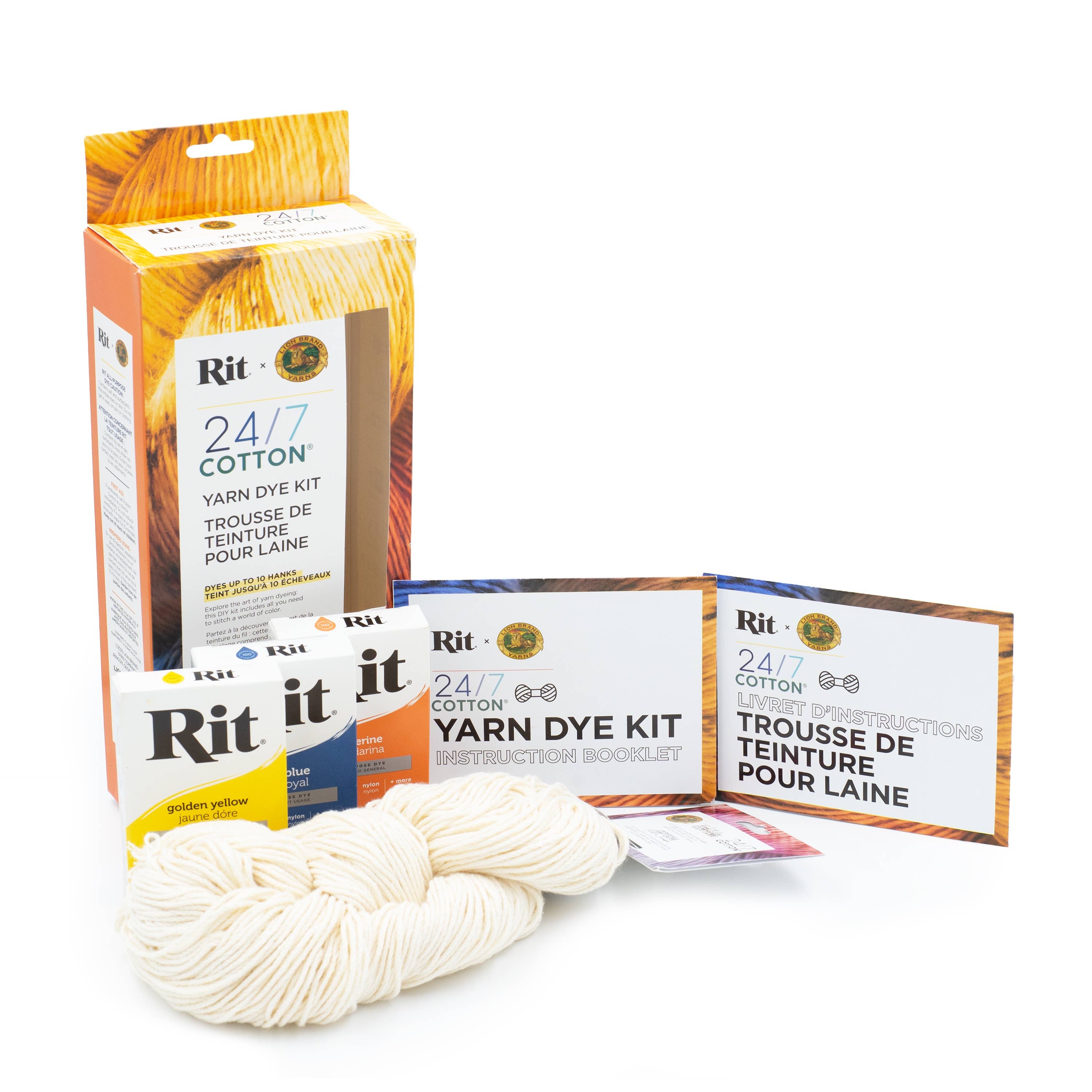Lion Brand Yarn 24/7CottonDyeKitTangerineGldenYellowBlue1Kit