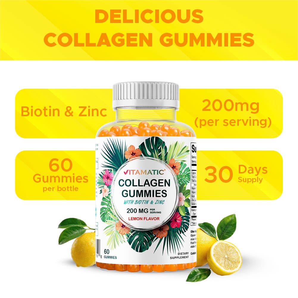 Vitamatic Hydrolyzed Collagen Gummies| Zinc and Biotin| 60ct
