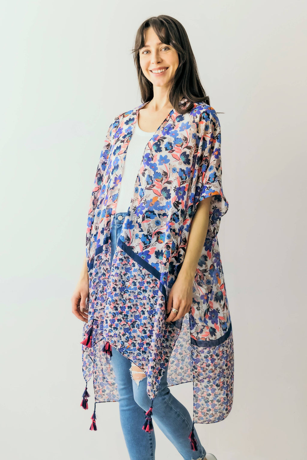 Floral Print Kimono w/ Tassels