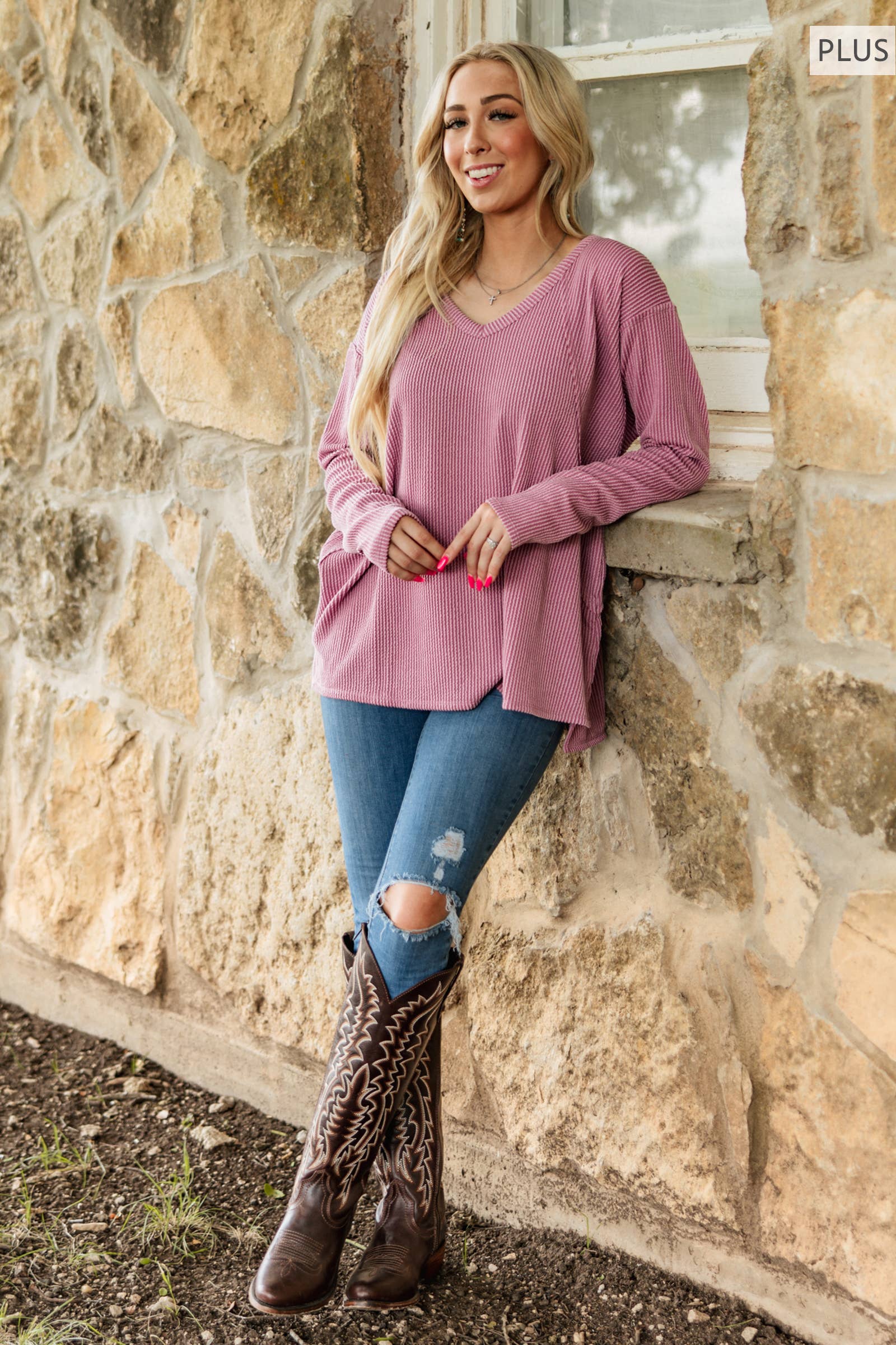 PLUS SIZE Curly Rib V Neck Long Sleeve Top