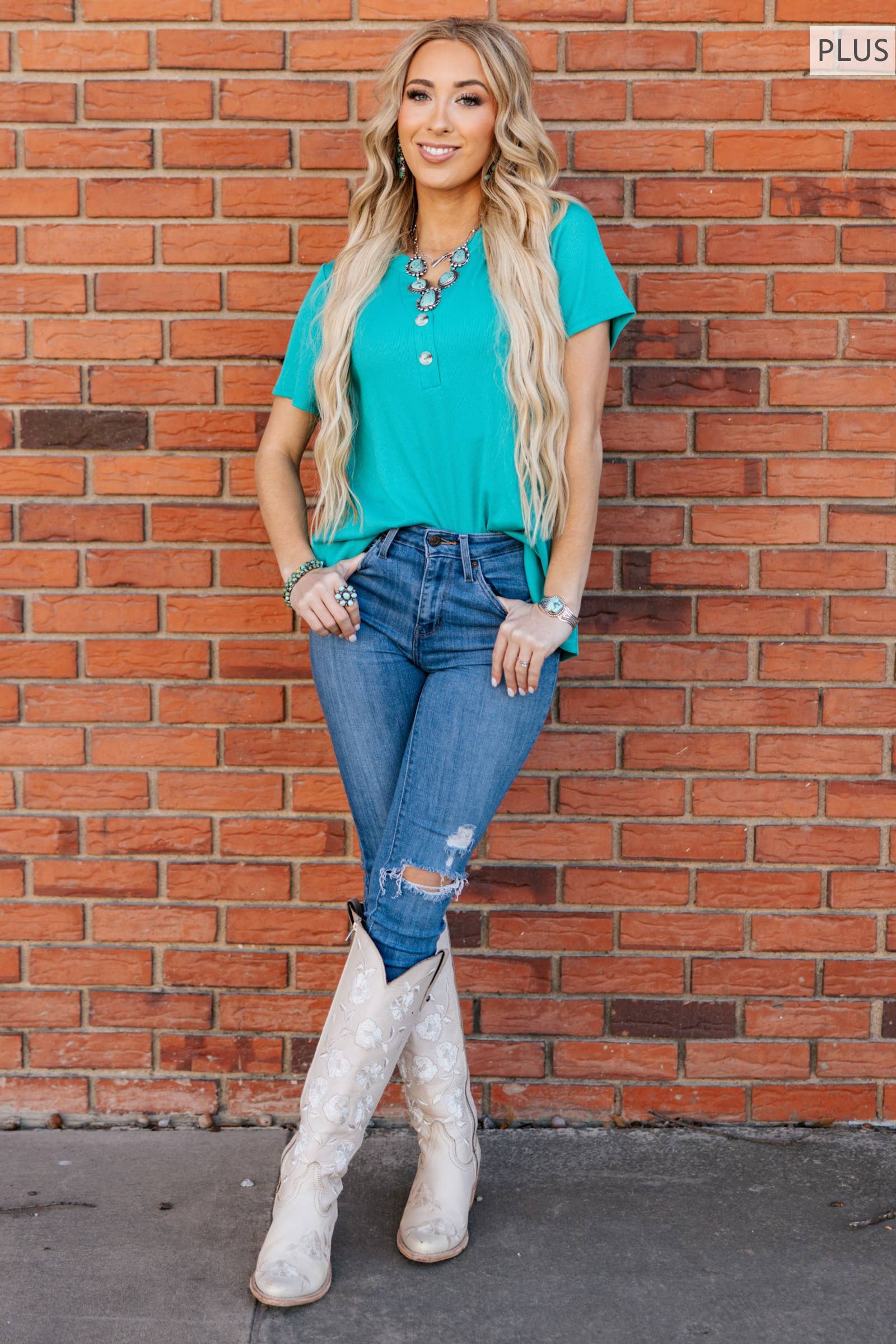 PLUS SIZE Ribbed Boyfriend Style Top w/ Button Detail