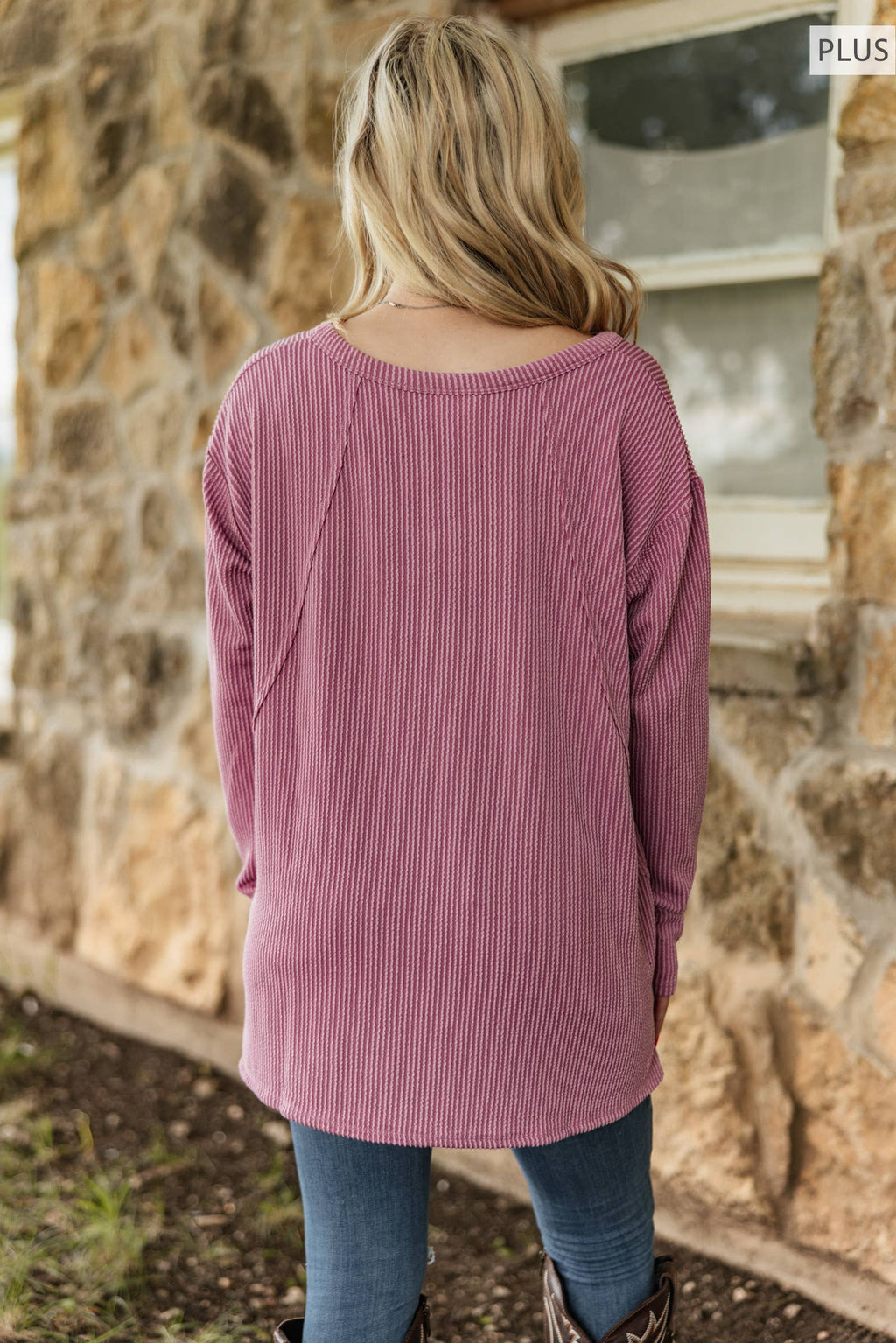 PLUS SIZE Curly Rib V Neck Long Sleeve Top