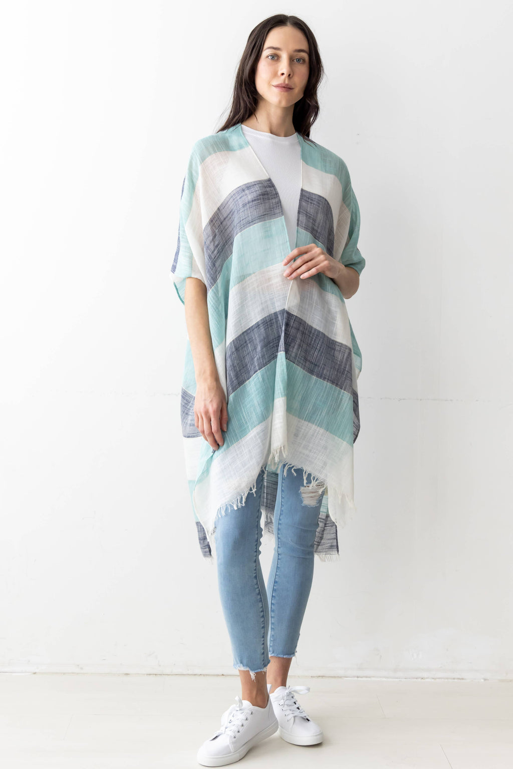 Stripe Faux Linen Kimono