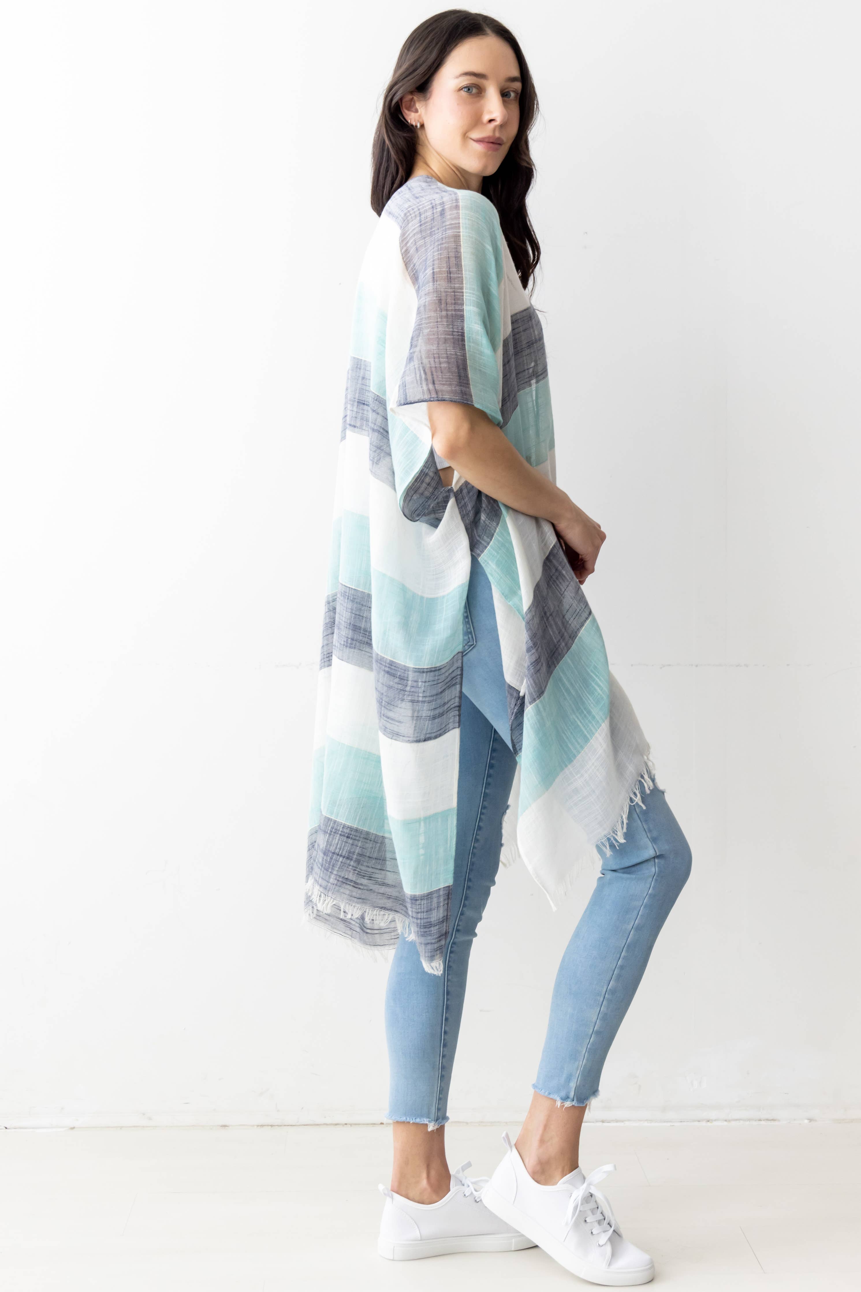 Stripe Faux Linen Kimono