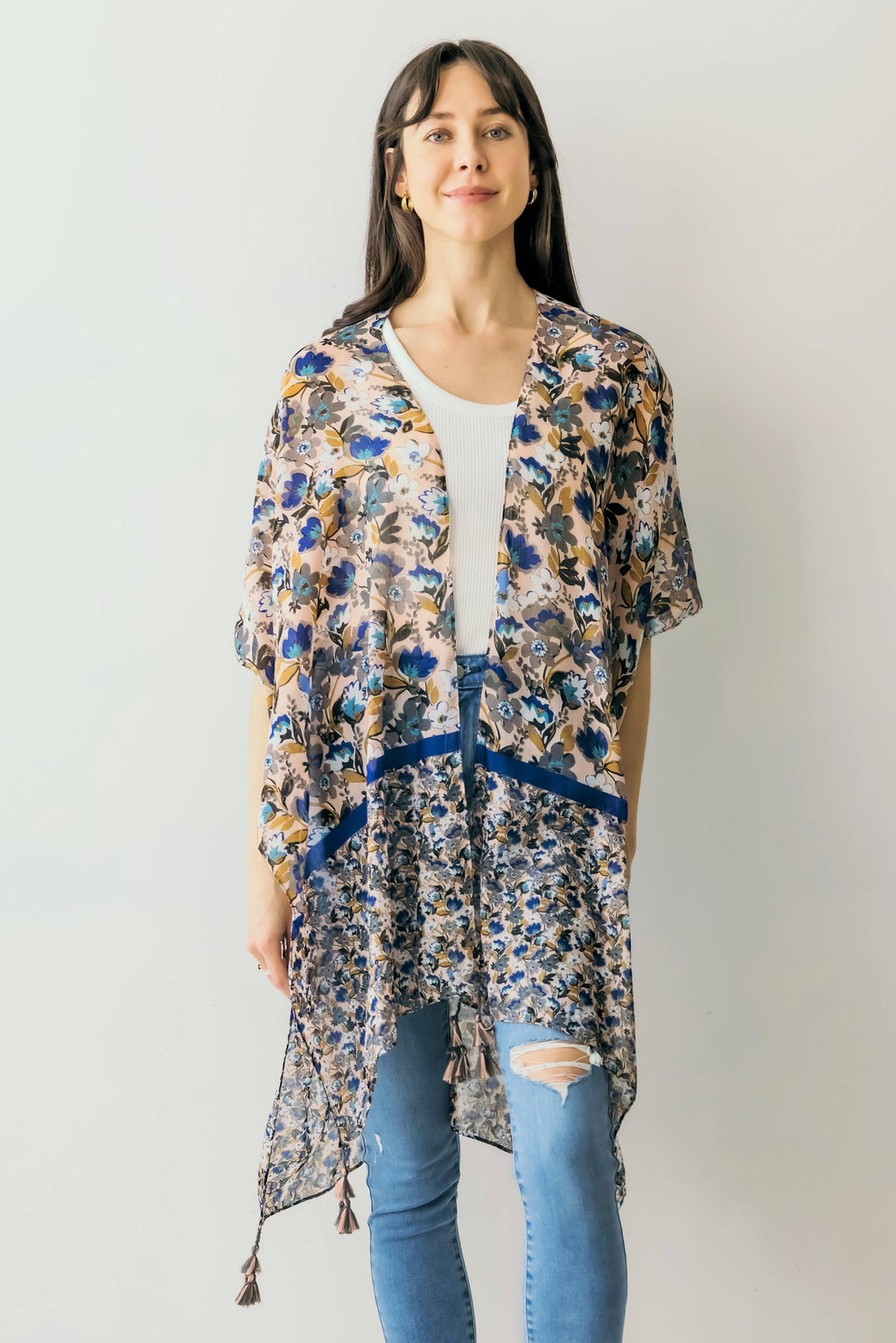 Floral Print Kimono w/ Tassels