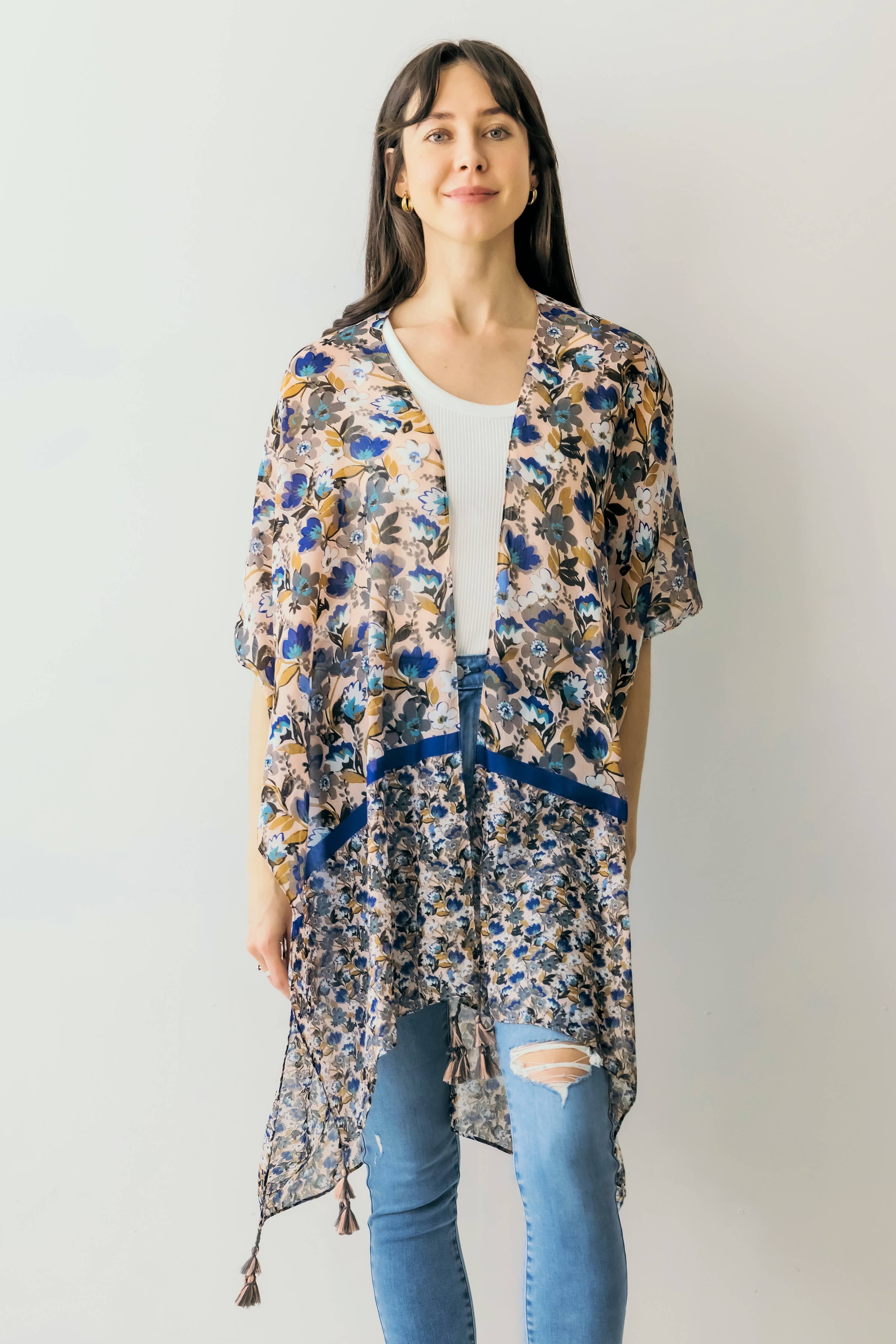 Floral Print Kimono w/ Tassels