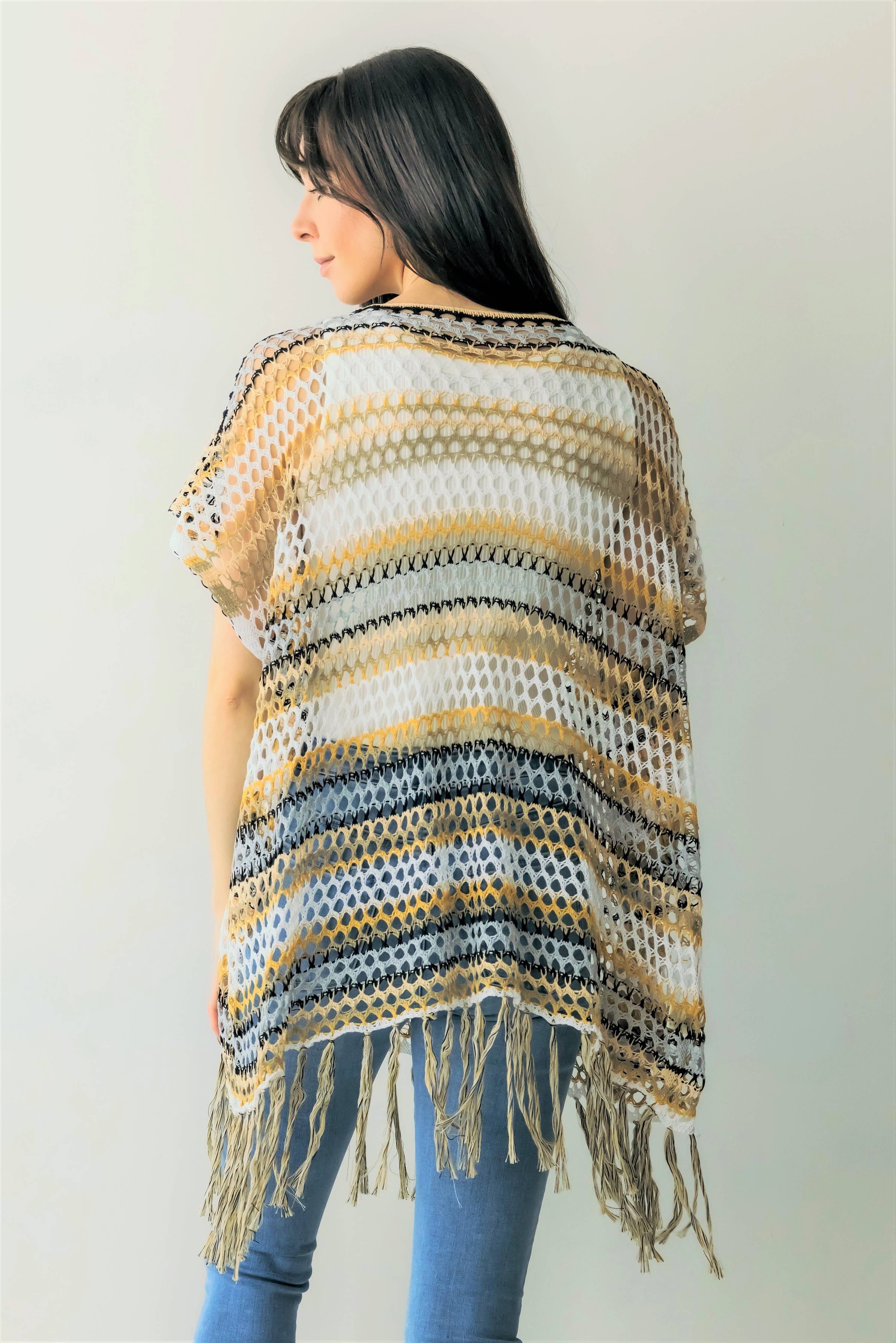 Color Block Open Weave Knit Poncho w/ Tassels