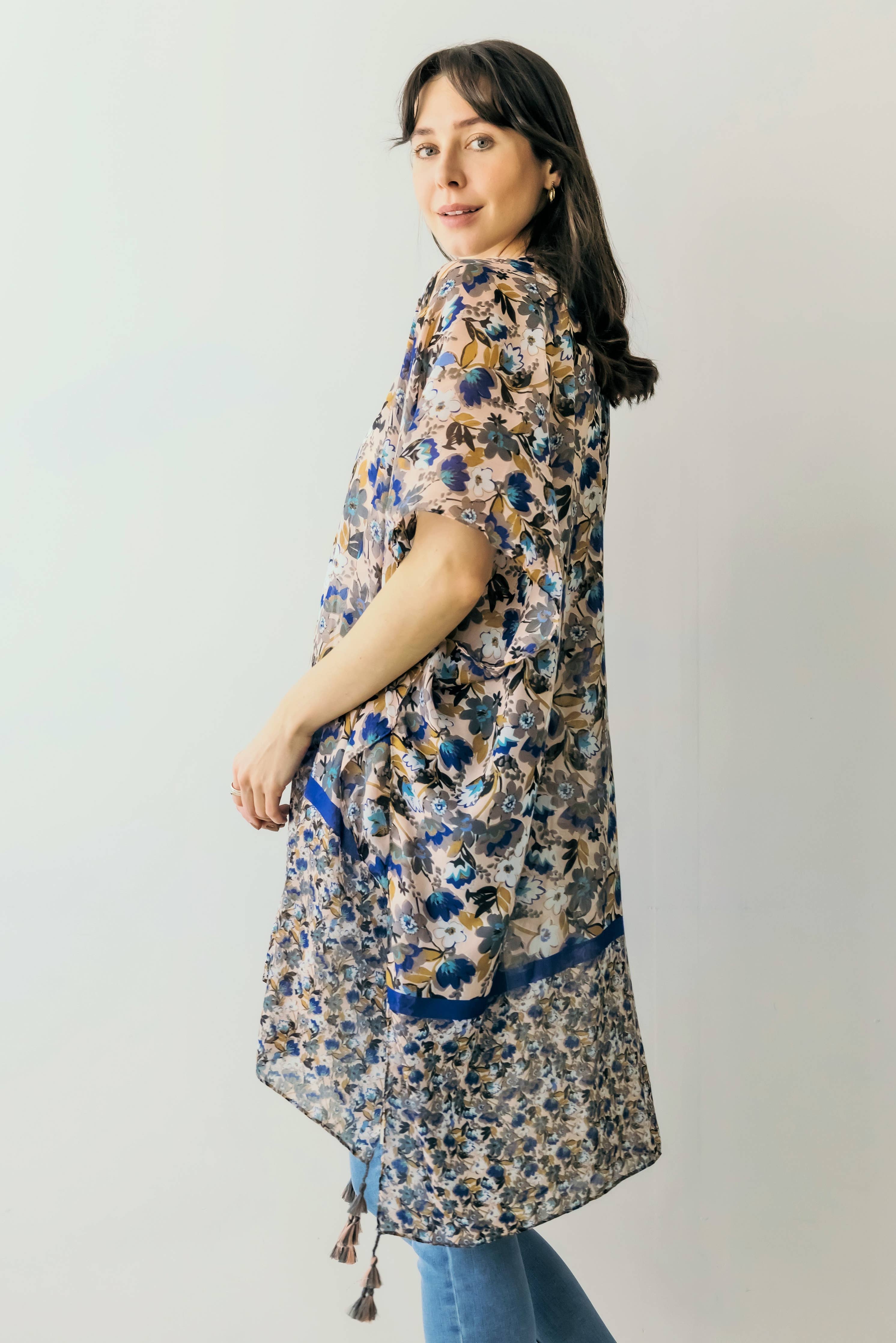 Floral Print Kimono w/ Tassels