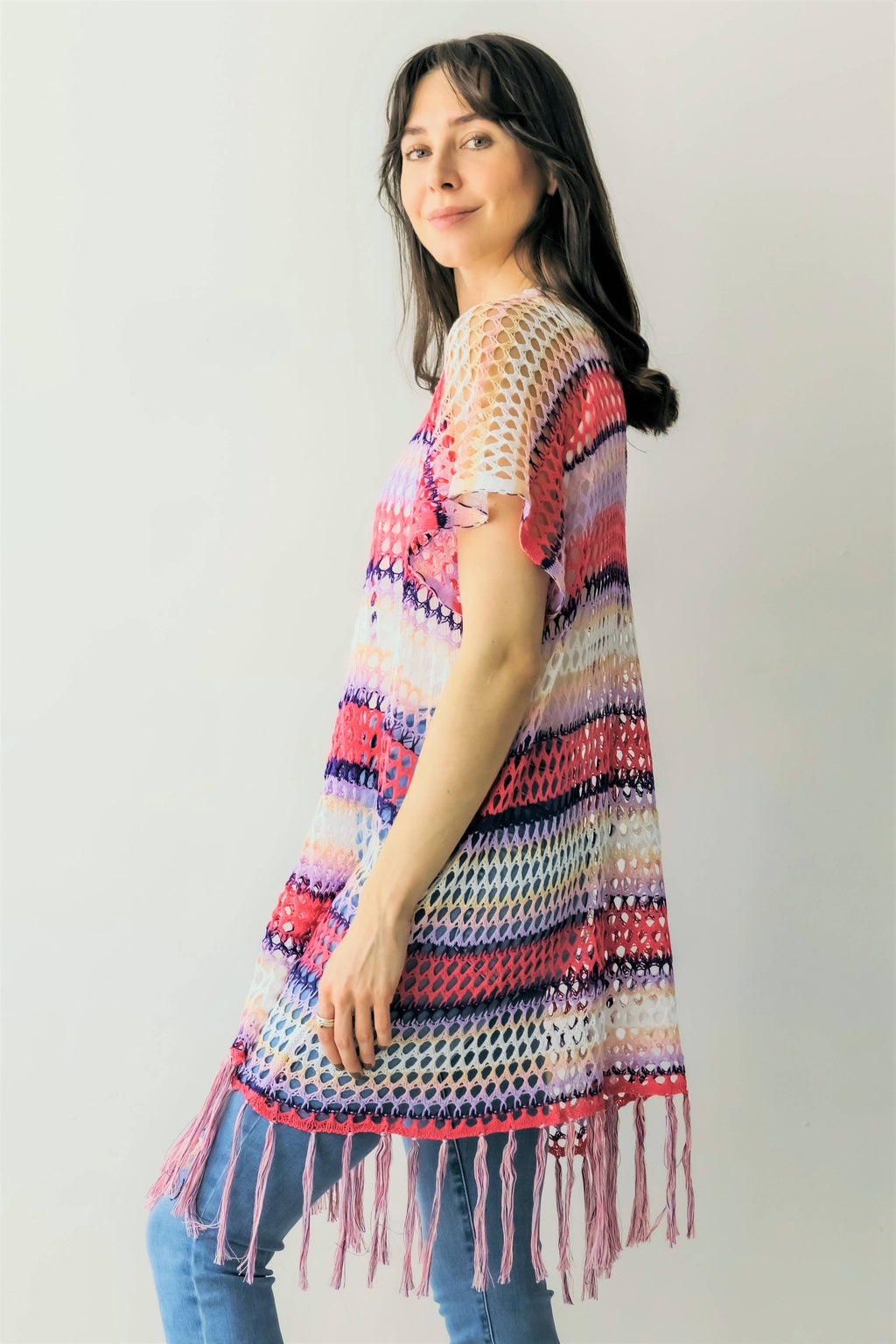 Color Block Open Weave Knit Poncho w/ Tassels