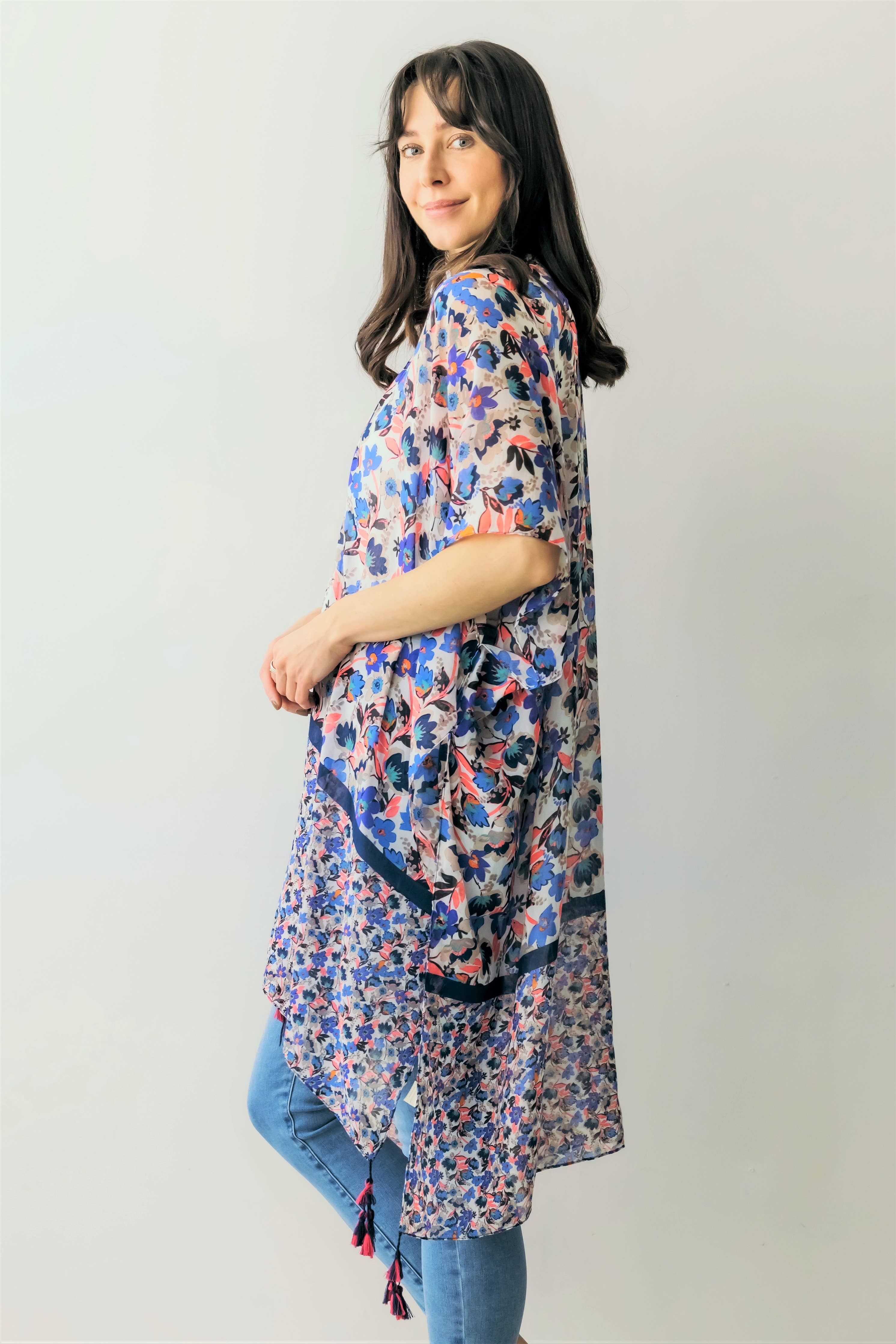 Floral Print Kimono w/ Tassels