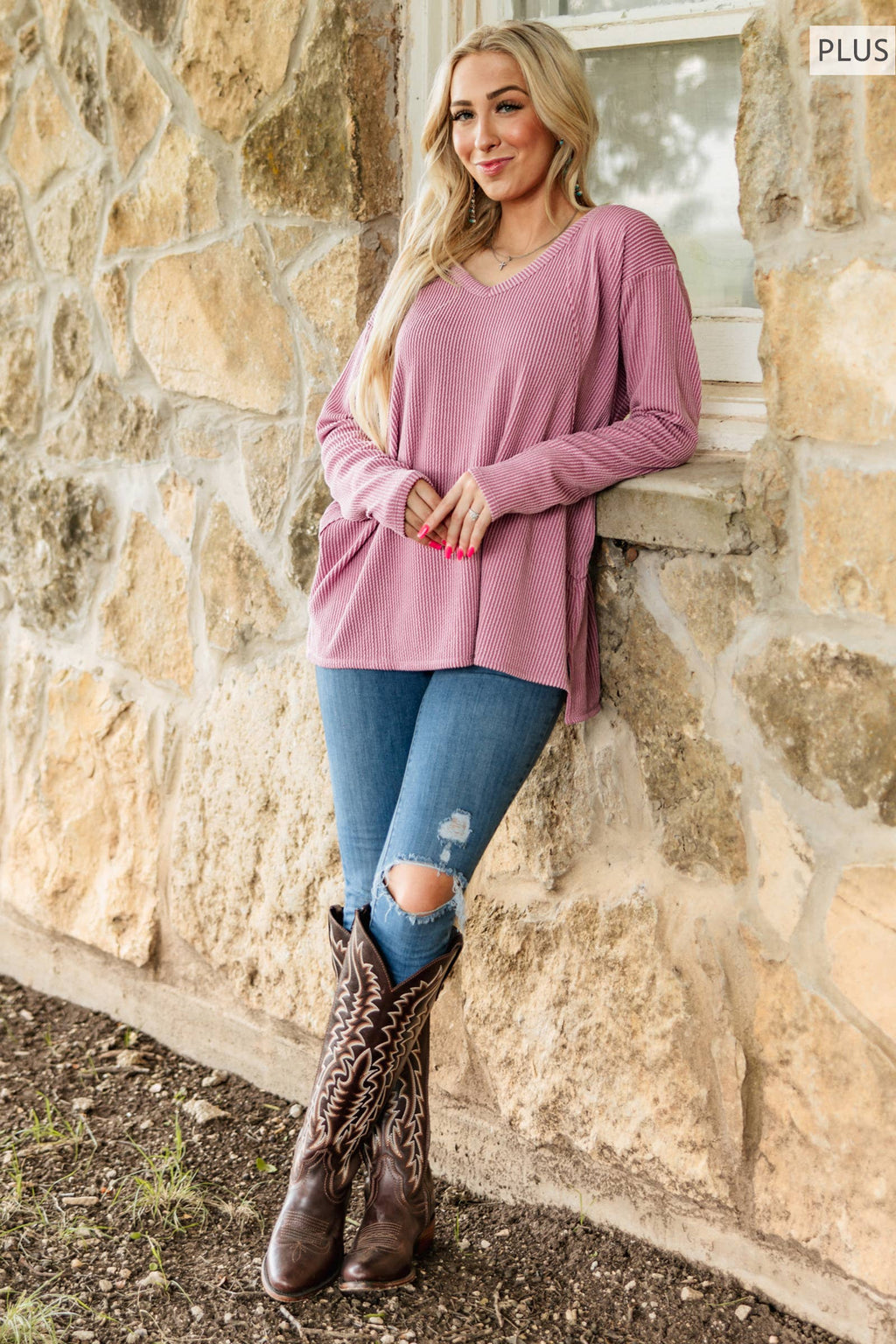 PLUS SIZE Curly Rib V Neck Long Sleeve Top