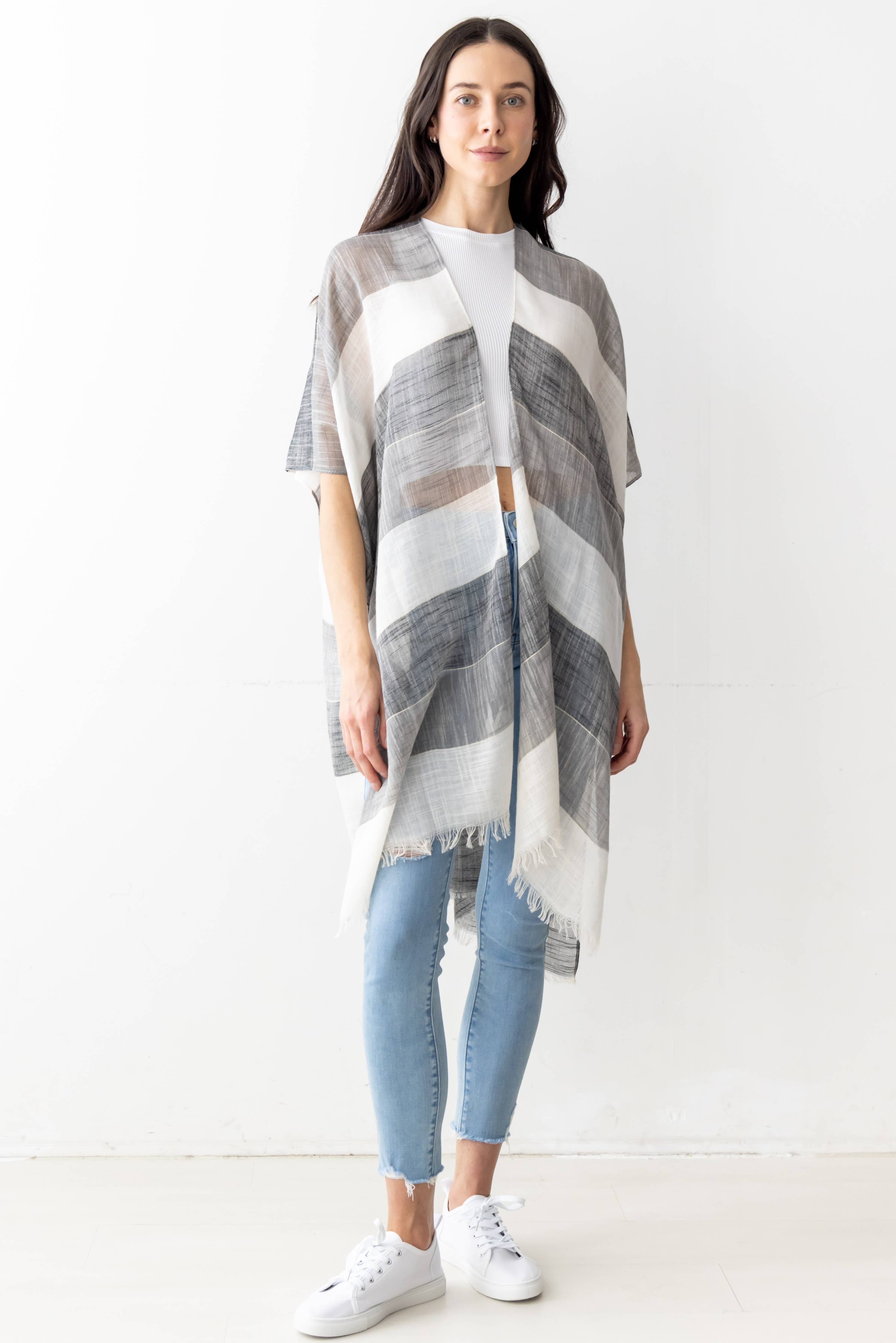 Stripe Faux Linen Kimono