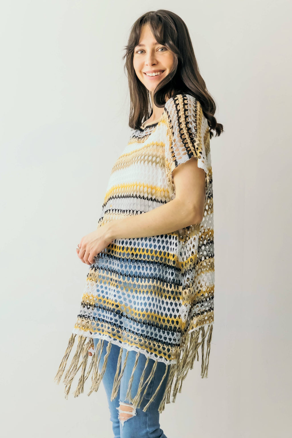 Color Block Open Weave Knit Poncho w/ Tassels