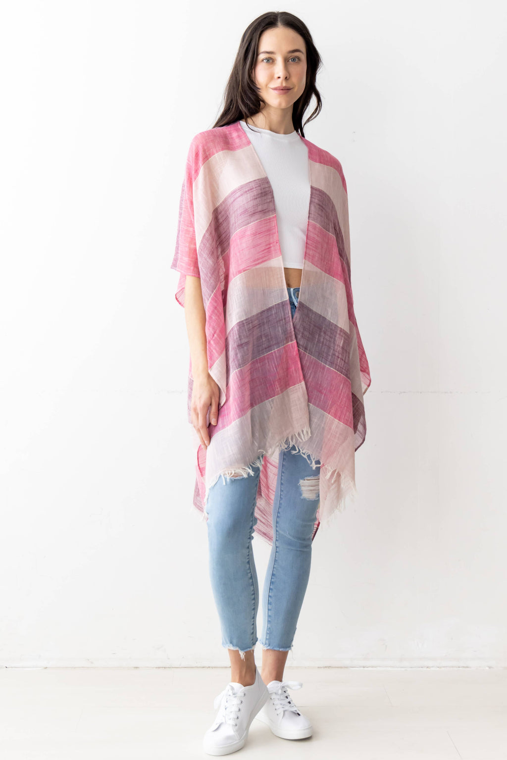 Stripe Faux Linen Kimono