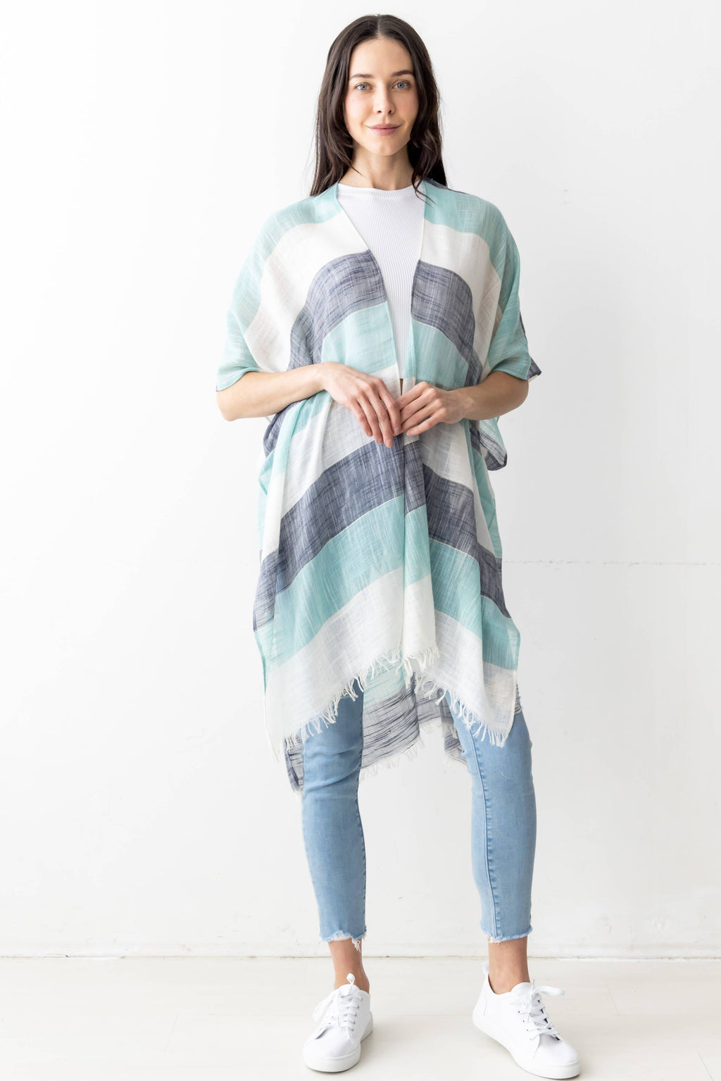 Stripe Faux Linen Kimono