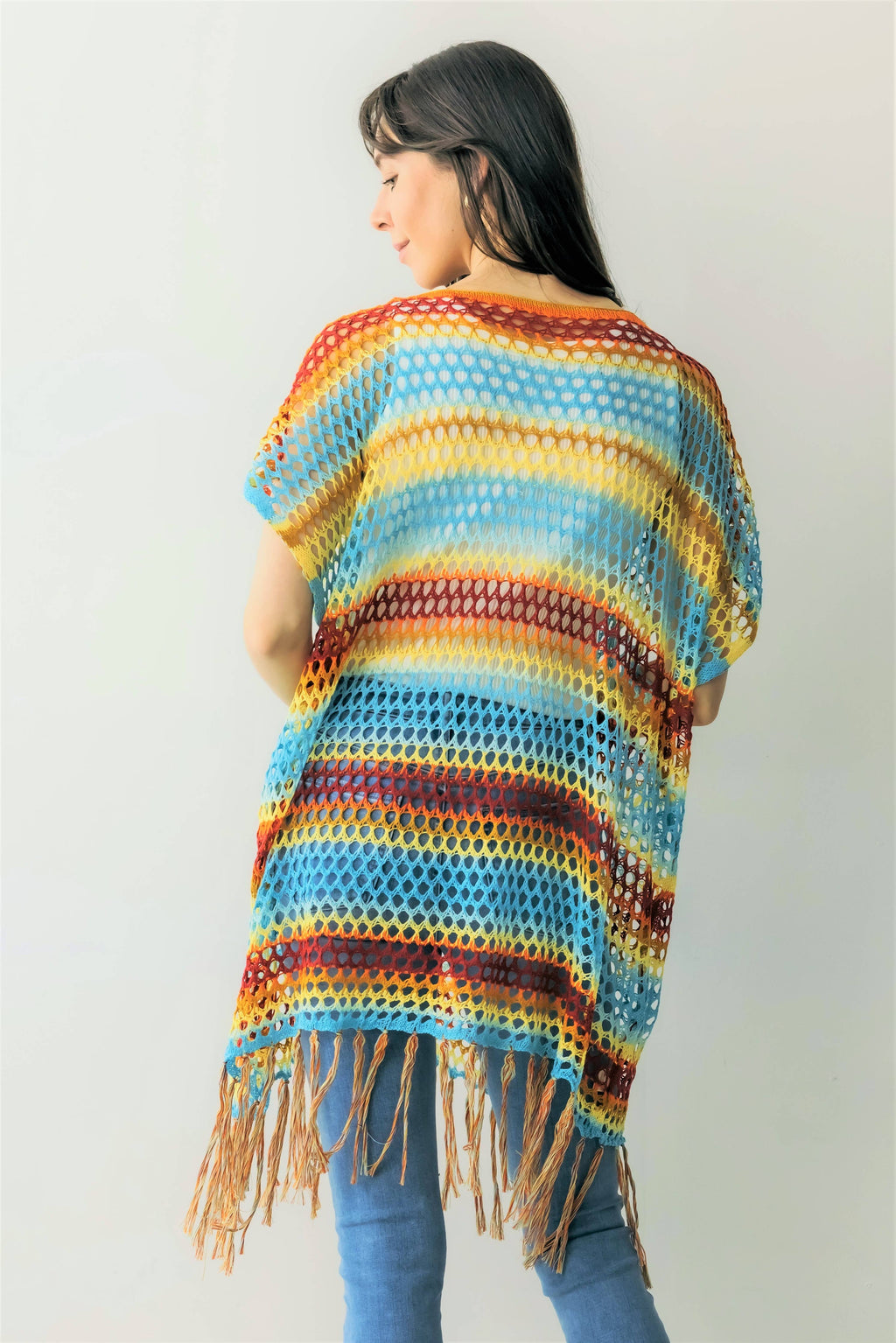 Color Block Open Weave Knit Poncho w/ Tassels