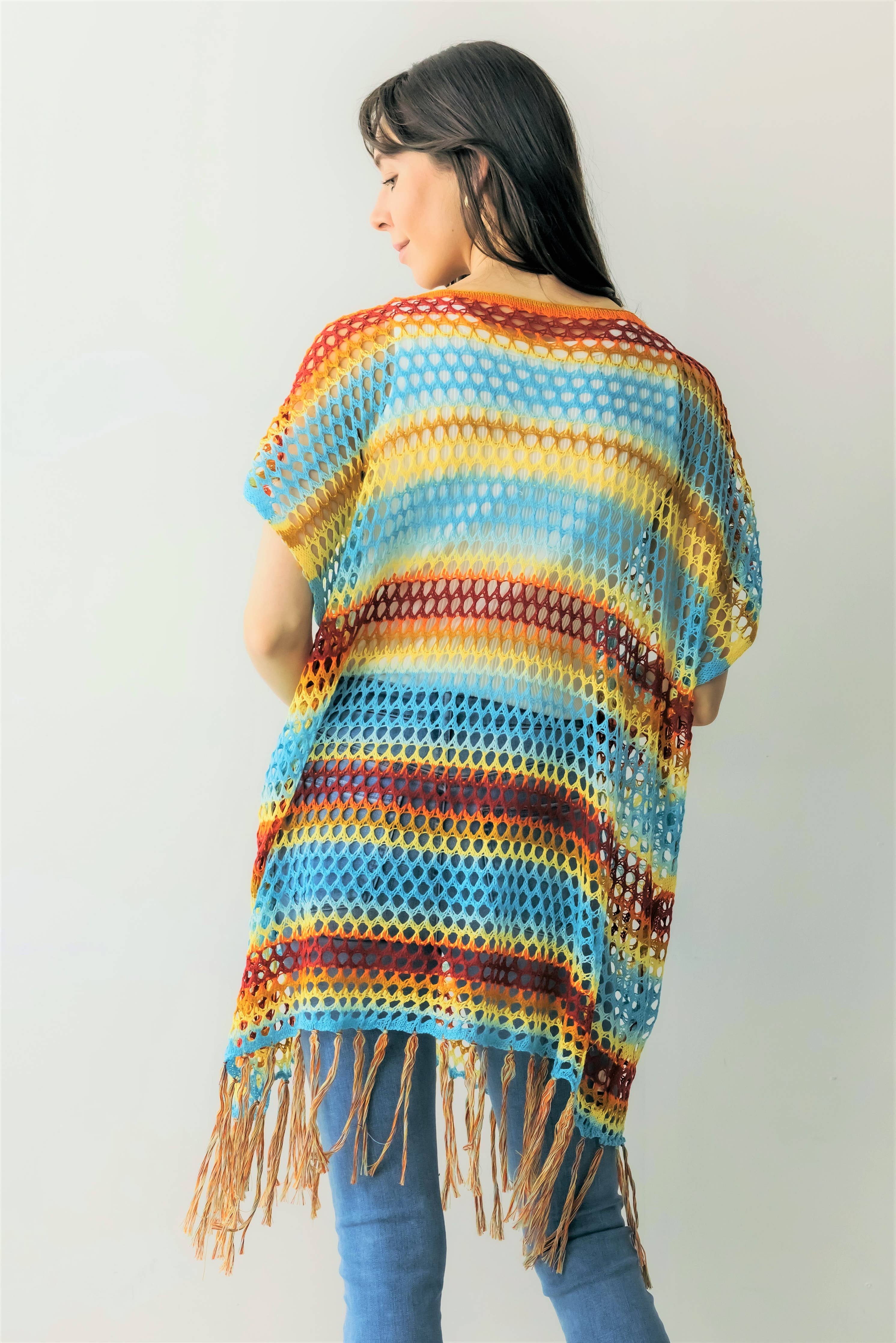 Color Block Open Weave Knit Poncho w/ Tassels