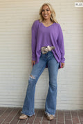 PLUS SIZE Curly Rib V Neck Long Sleeve Top