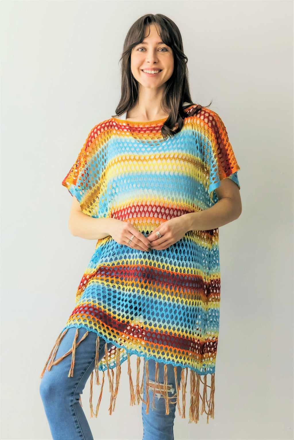 Color Block Open Weave Knit Poncho w/ Tassels