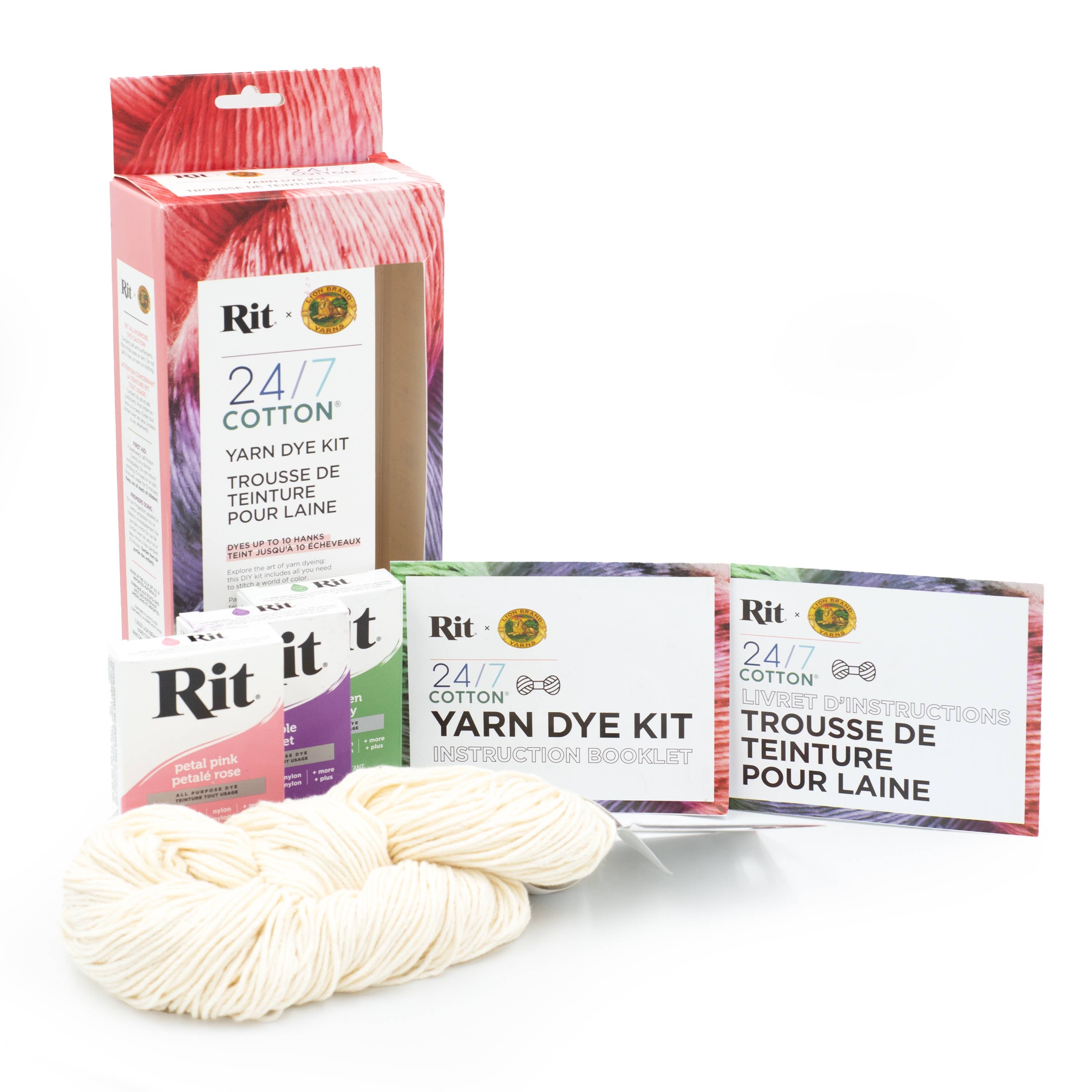 Lion Brand Yarn 24/7CottonDyeKitPetalPinkPrpleKellyGreen1Kit