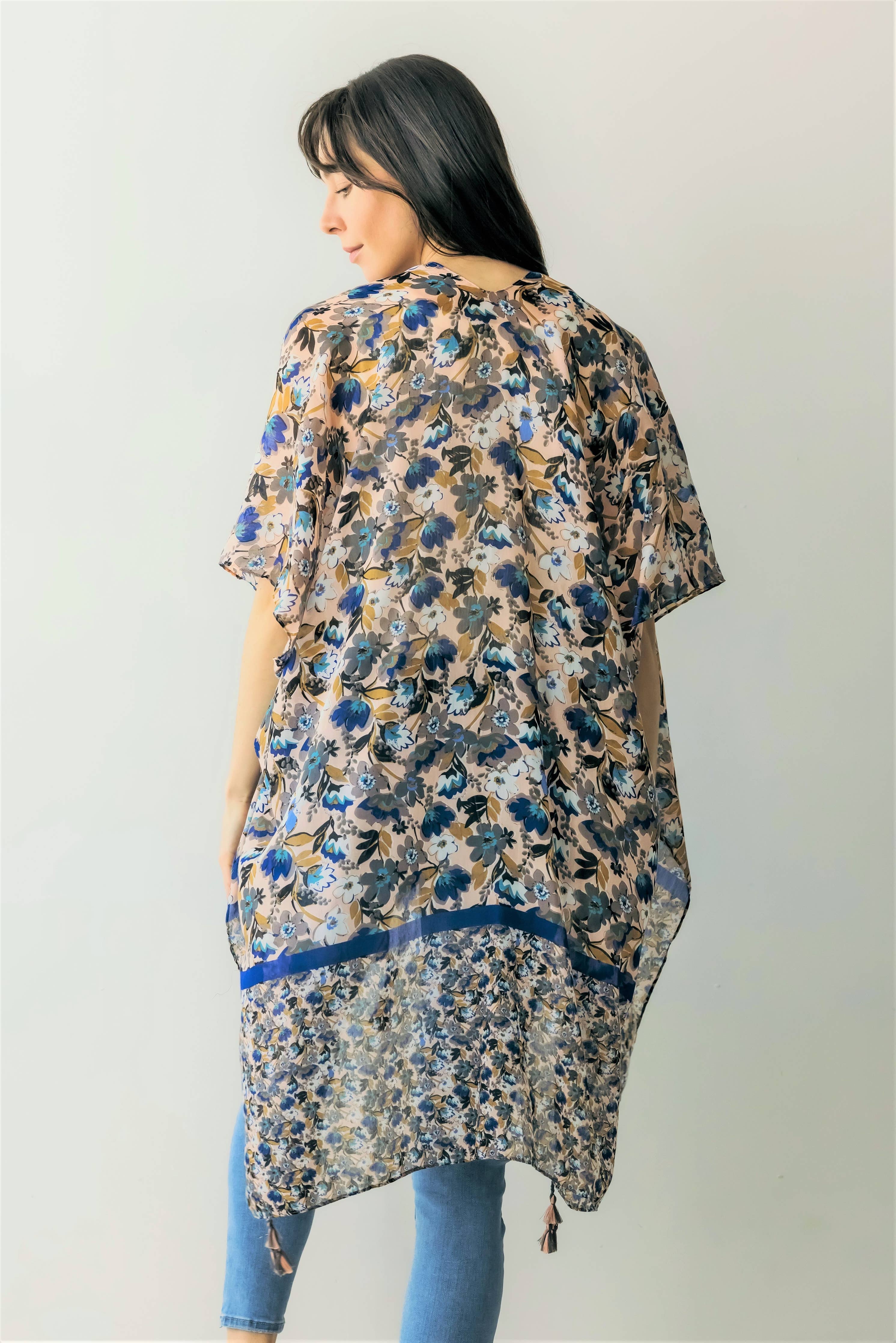Floral Print Kimono w/ Tassels