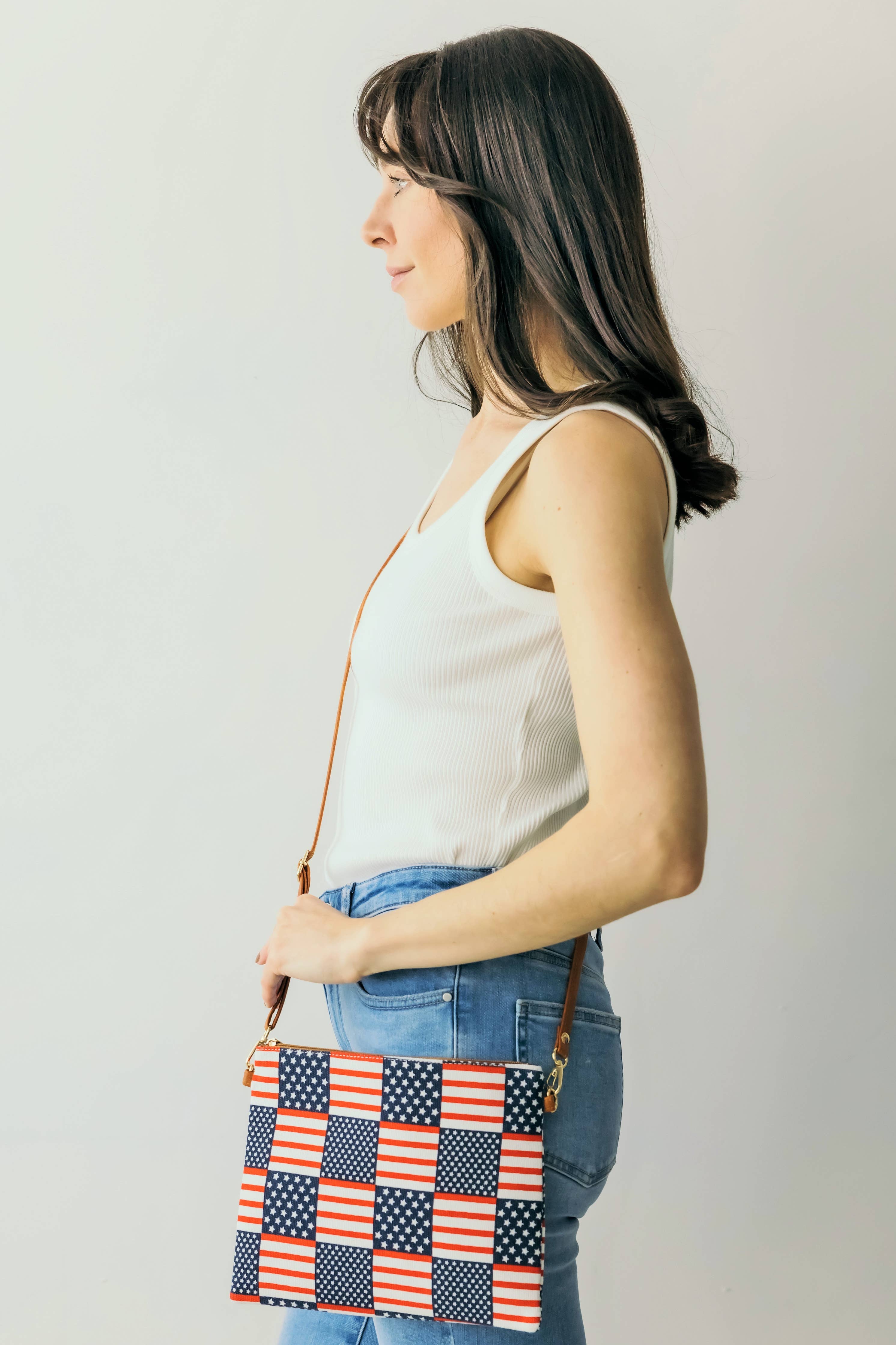 American Flag Print Clutch Crossbody Bag with Wristlet Strap