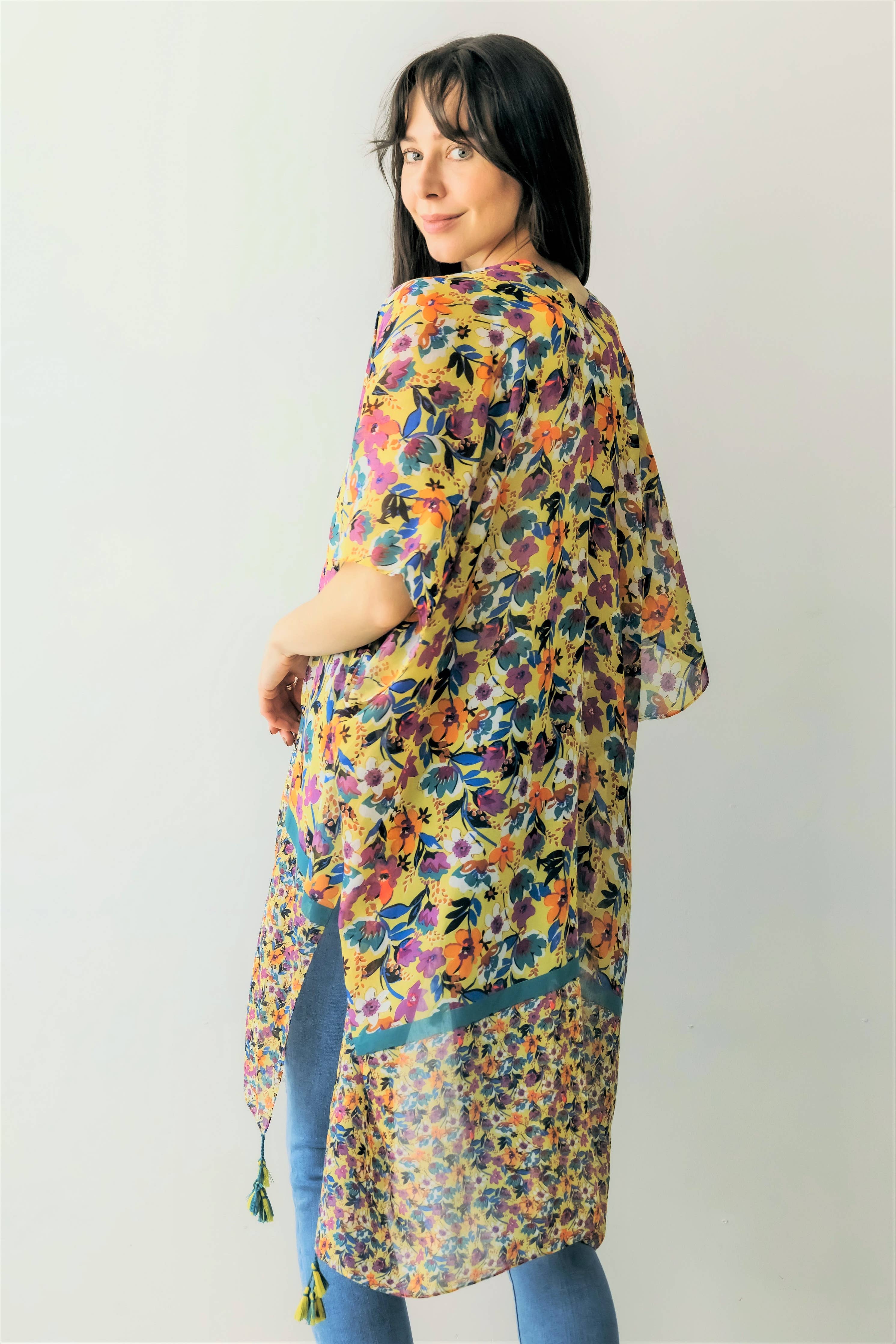 Floral Print Kimono w/ Tassels