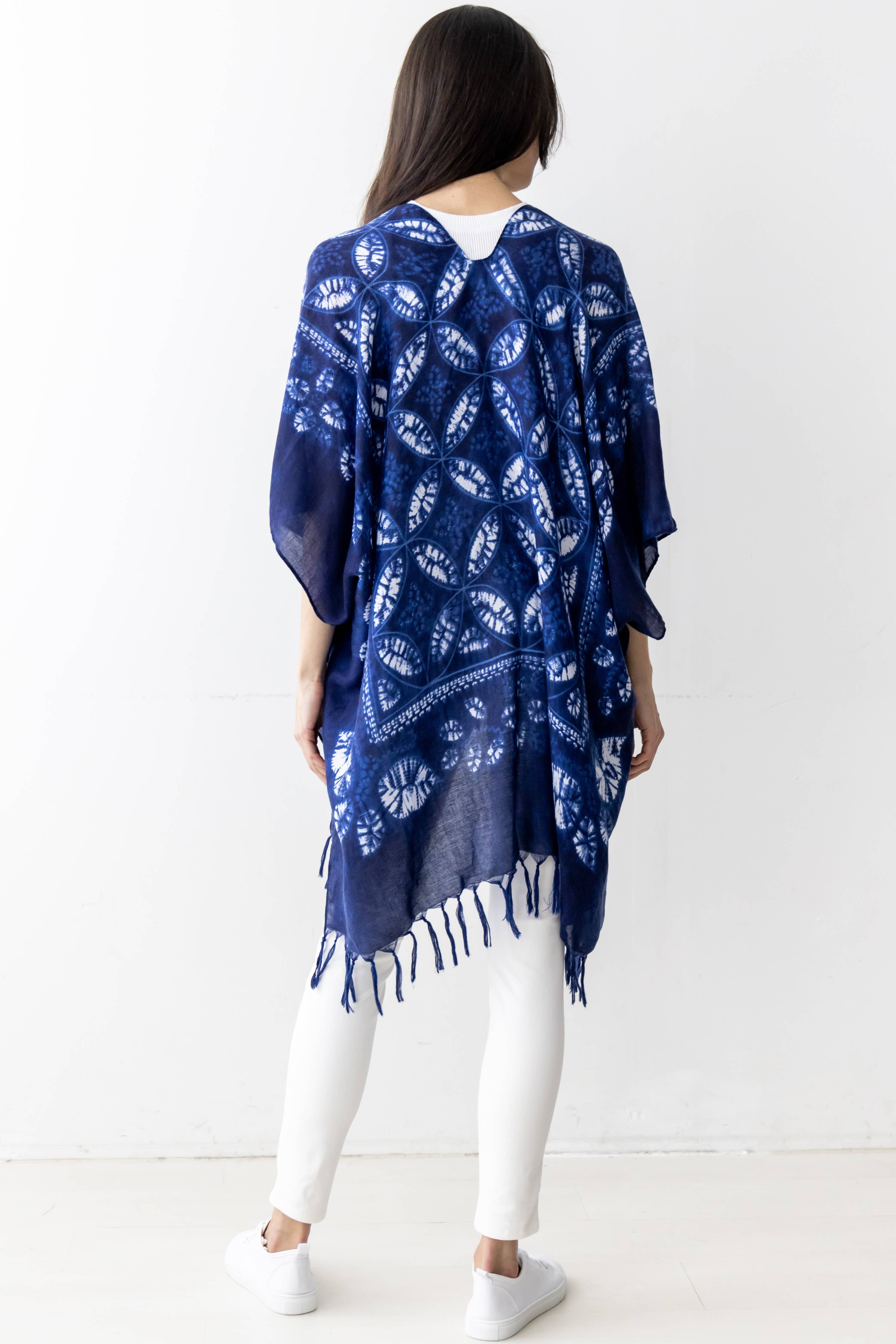 Indigo Leaf Print Kimono w/ Fringes