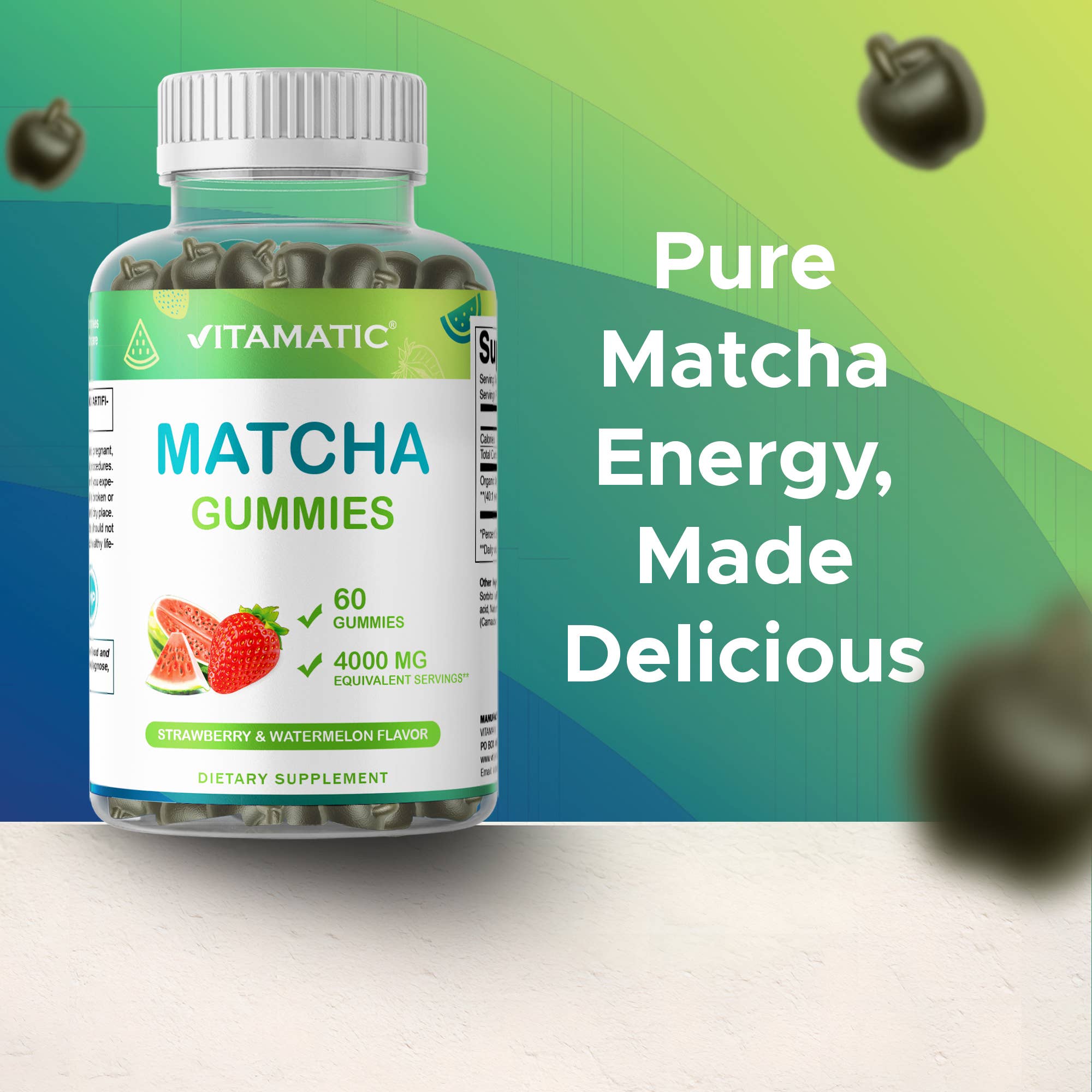 Vitamatic Matcha Gummies 60 Ct, Strawberry & Watermelon flvr