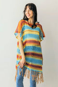 Color Block Open Weave Knit Poncho w/ Tassels