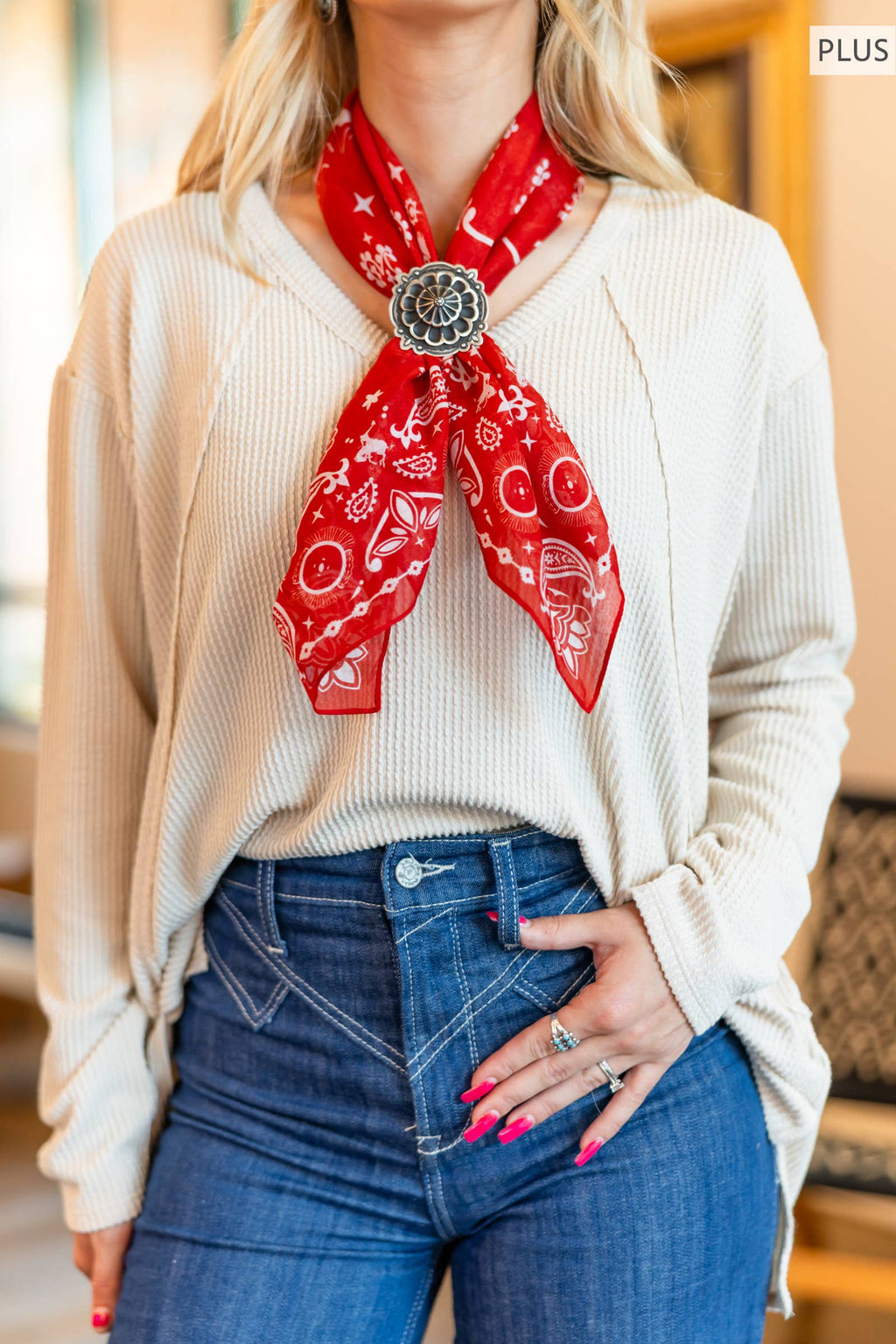 PLUS SIZE Curly Rib V Neck Long Sleeve Top