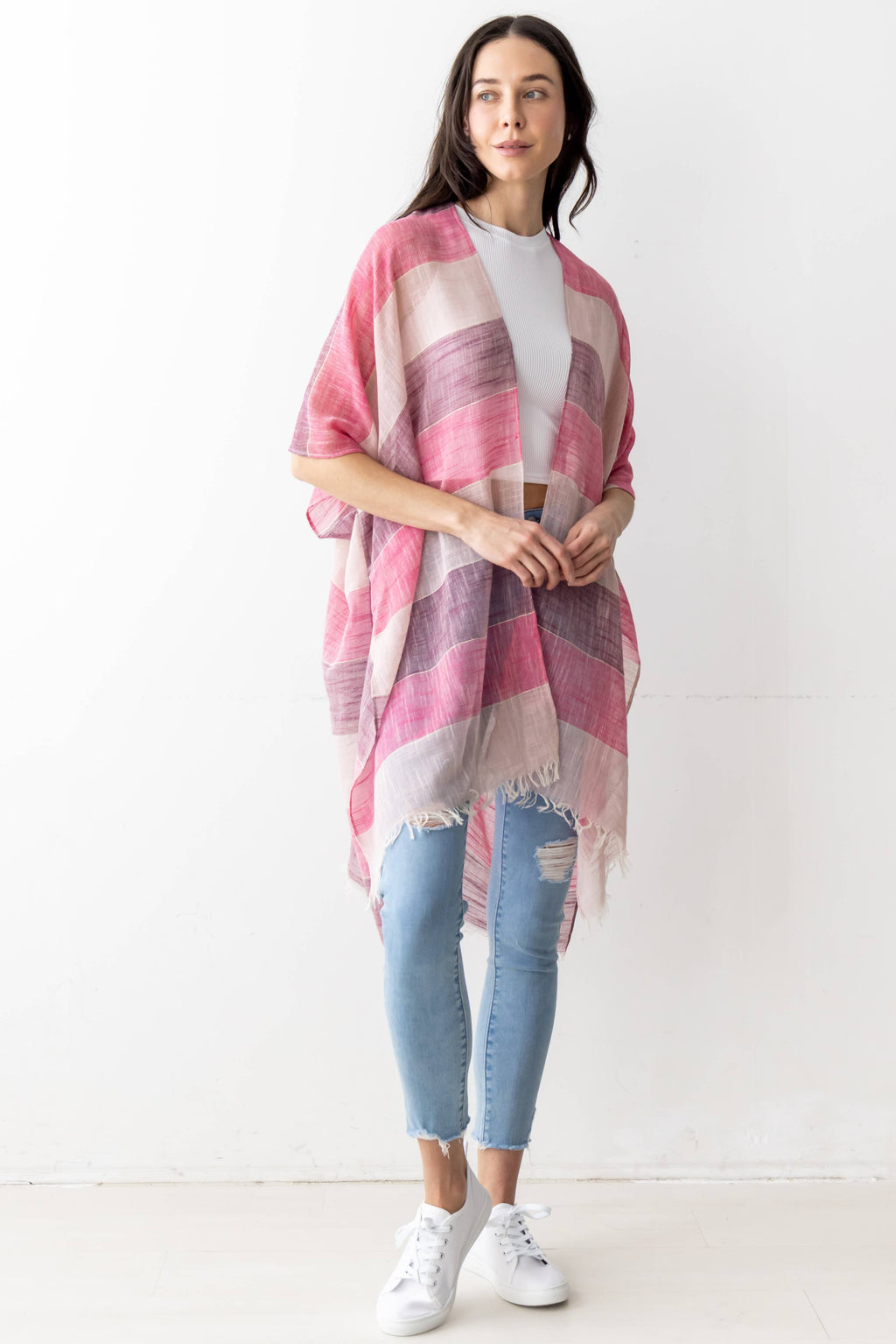Stripe Faux Linen Kimono