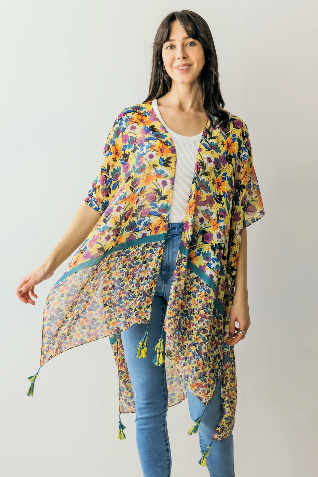 Floral Print Kimono w/ Tassels
