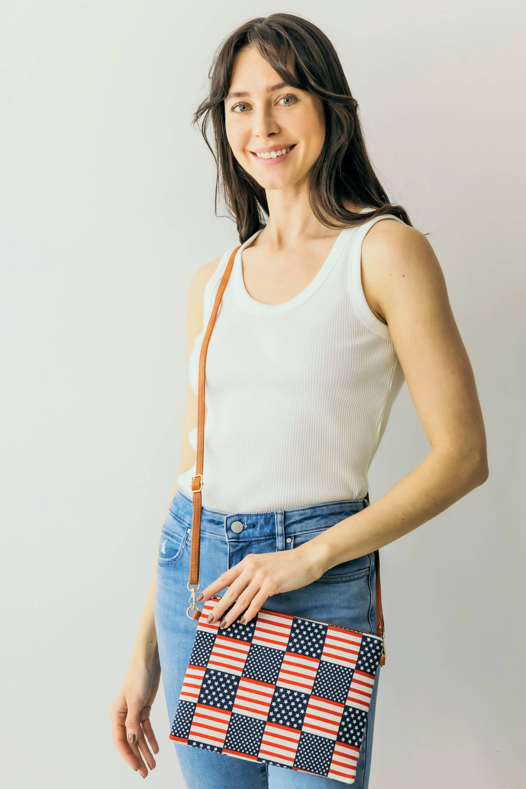 American Flag Print Clutch Crossbody Bag with Wristlet Strap