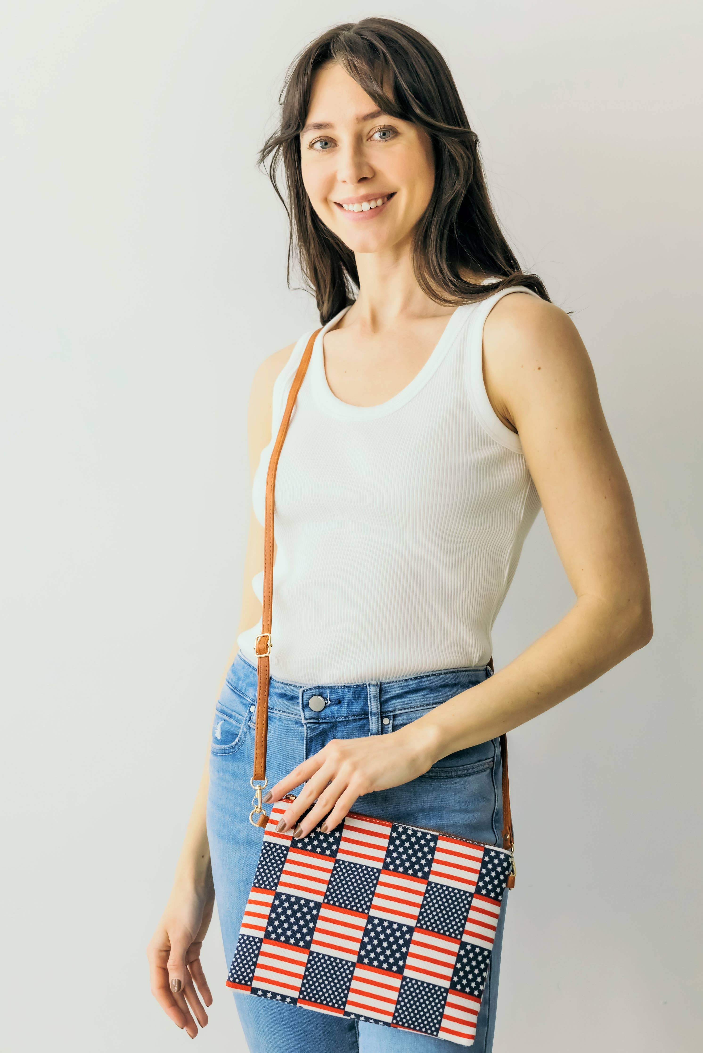 American Flag Print Clutch Crossbody Bag with Wristlet Strap