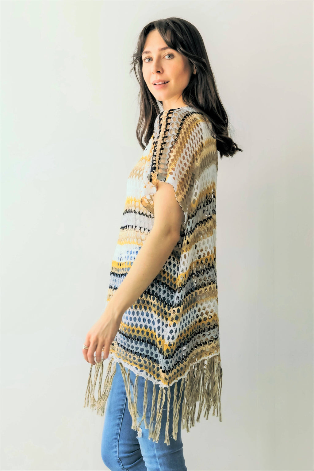 Color Block Open Weave Knit Poncho w/ Tassels