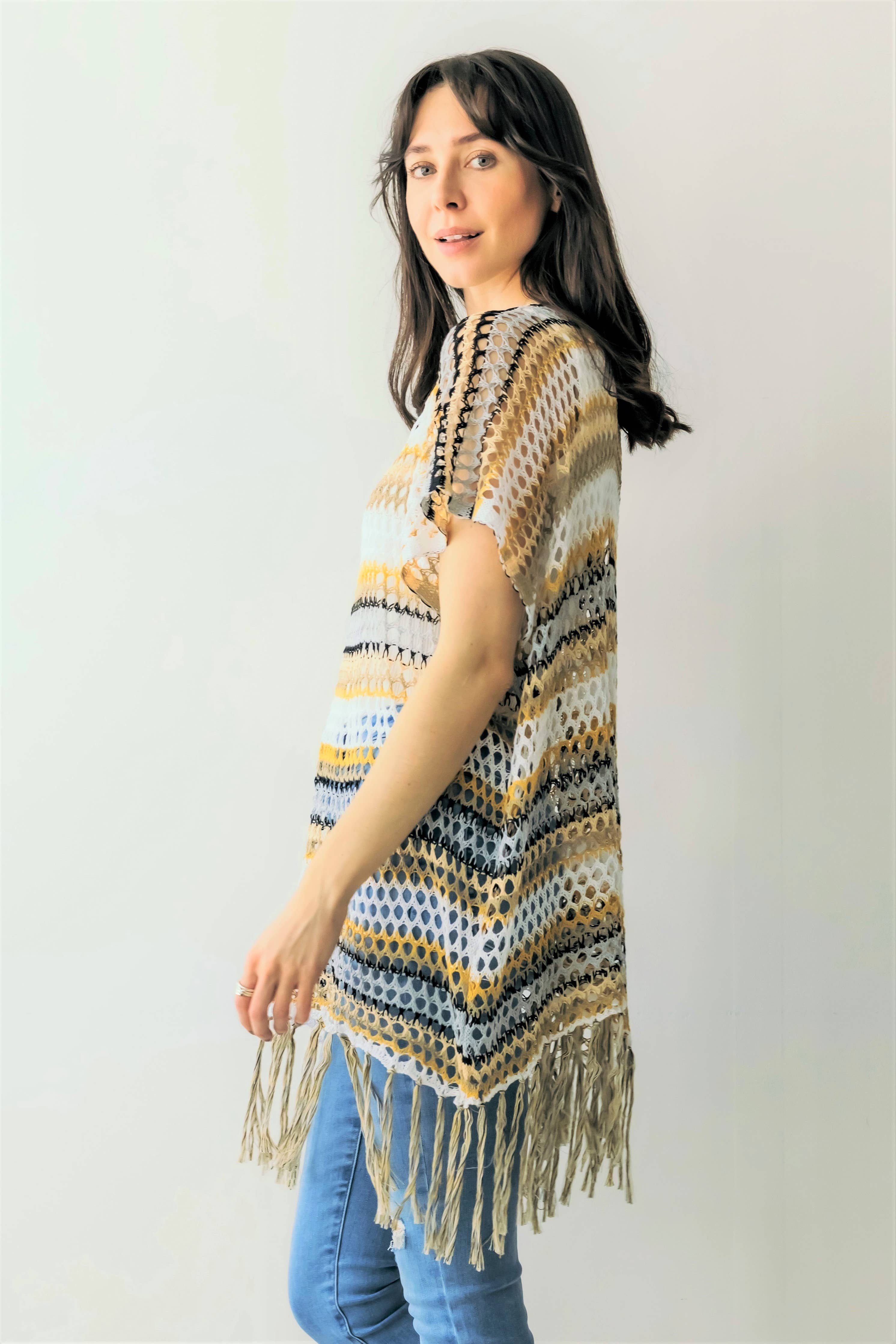 Color Block Open Weave Knit Poncho w/ Tassels