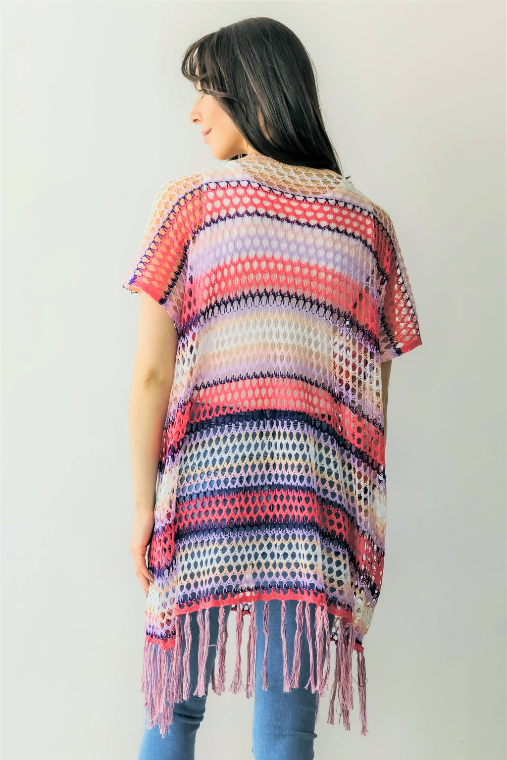 Color Block Open Weave Knit Poncho w/ Tassels