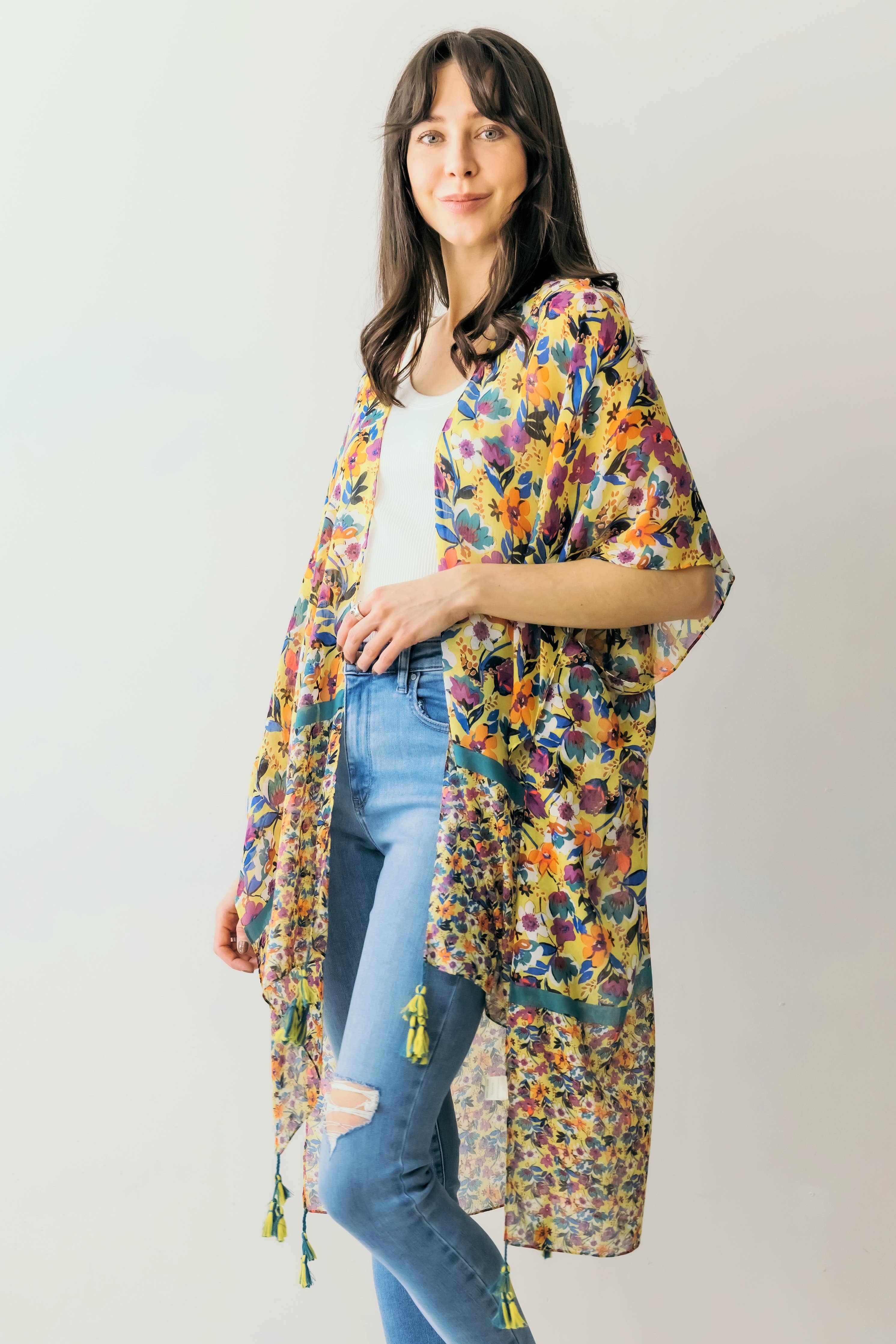 Floral Print Kimono w/ Tassels