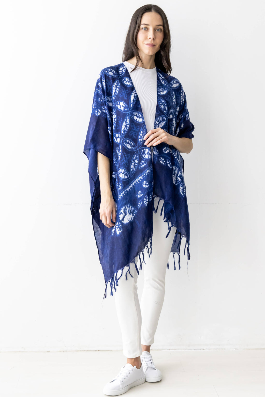 Indigo Leaf Print Kimono w/ Fringes