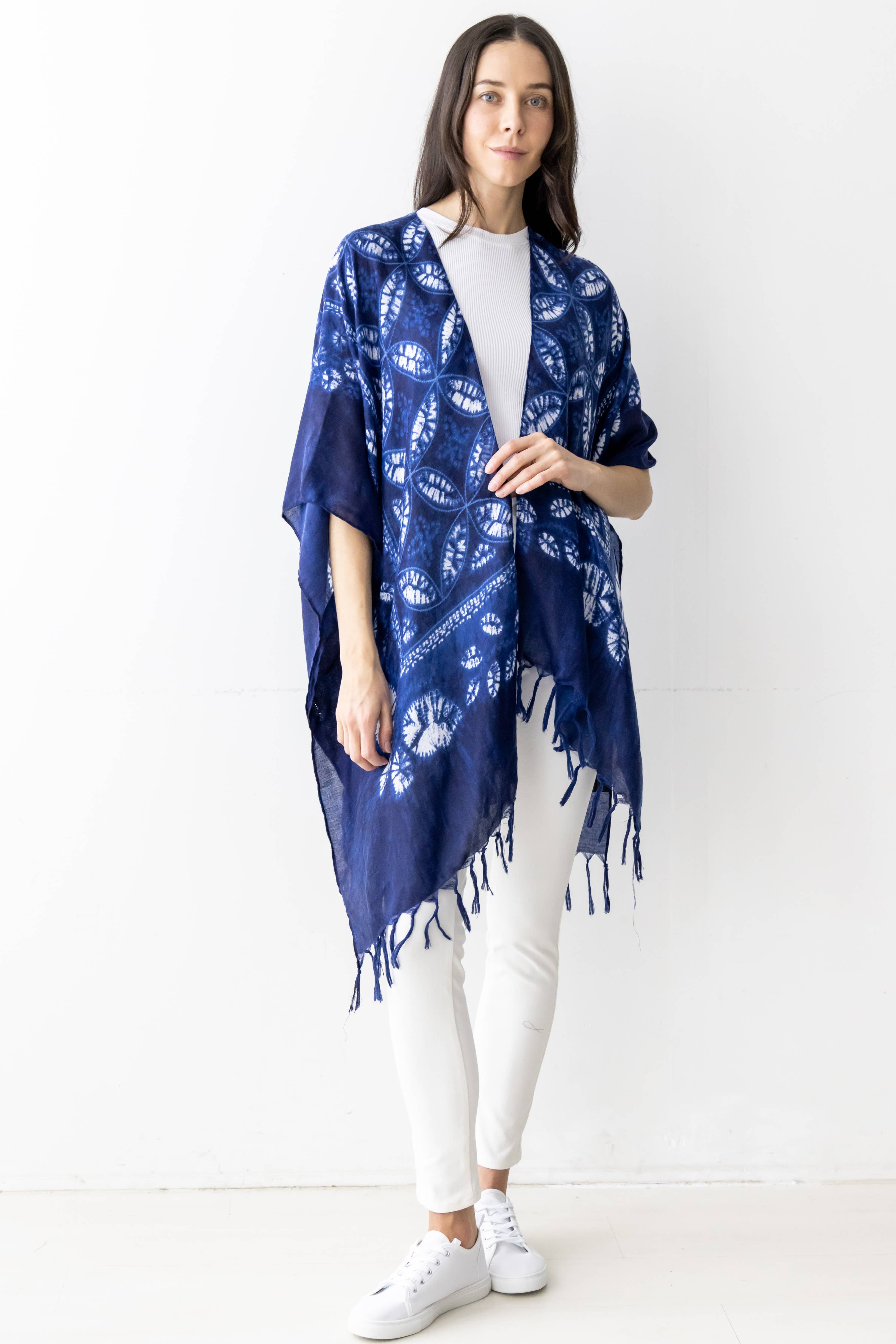 Indigo Leaf Print Kimono w/ Fringes