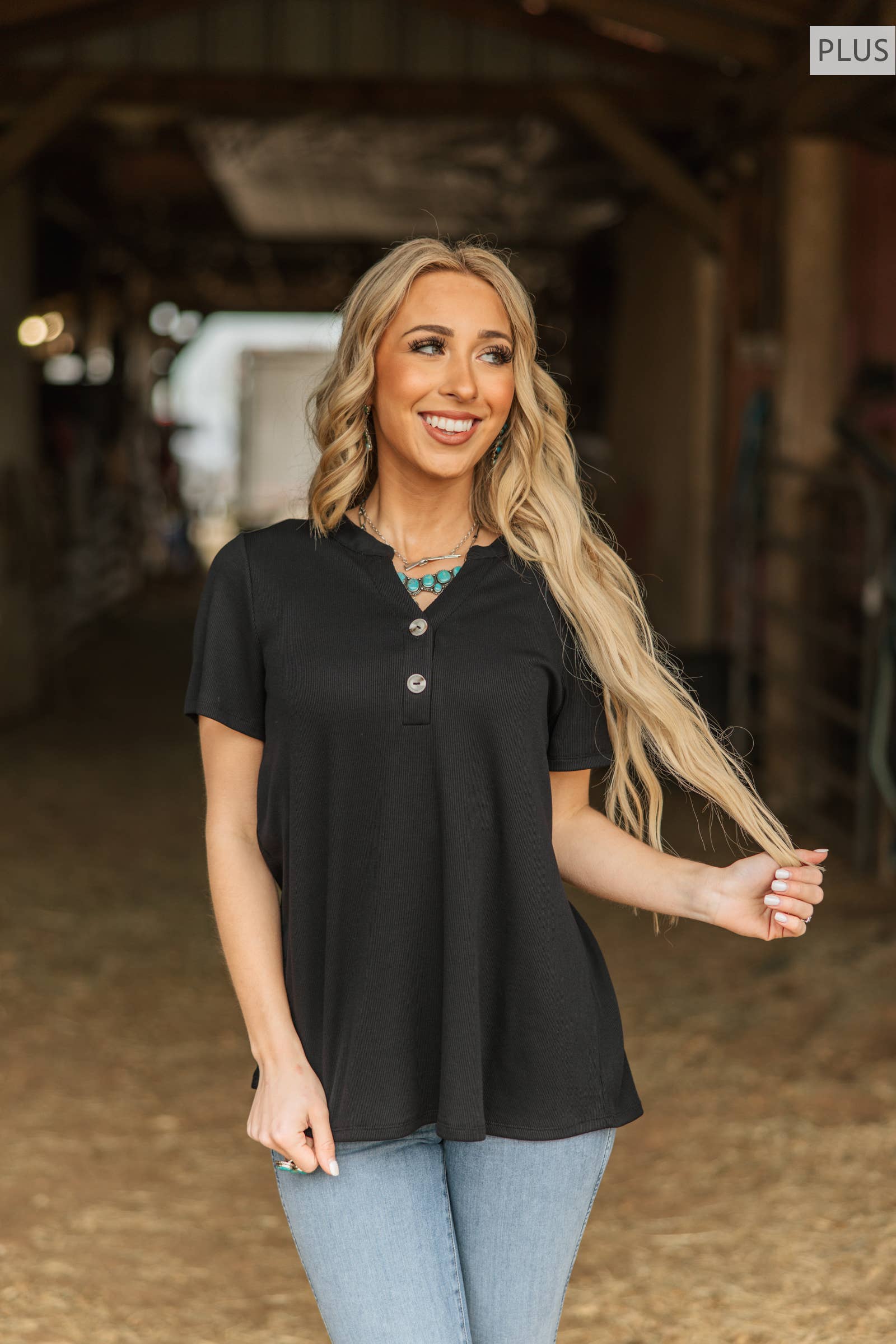 PLUS SIZE Ribbed Boyfriend Style Top w/ Button Detail