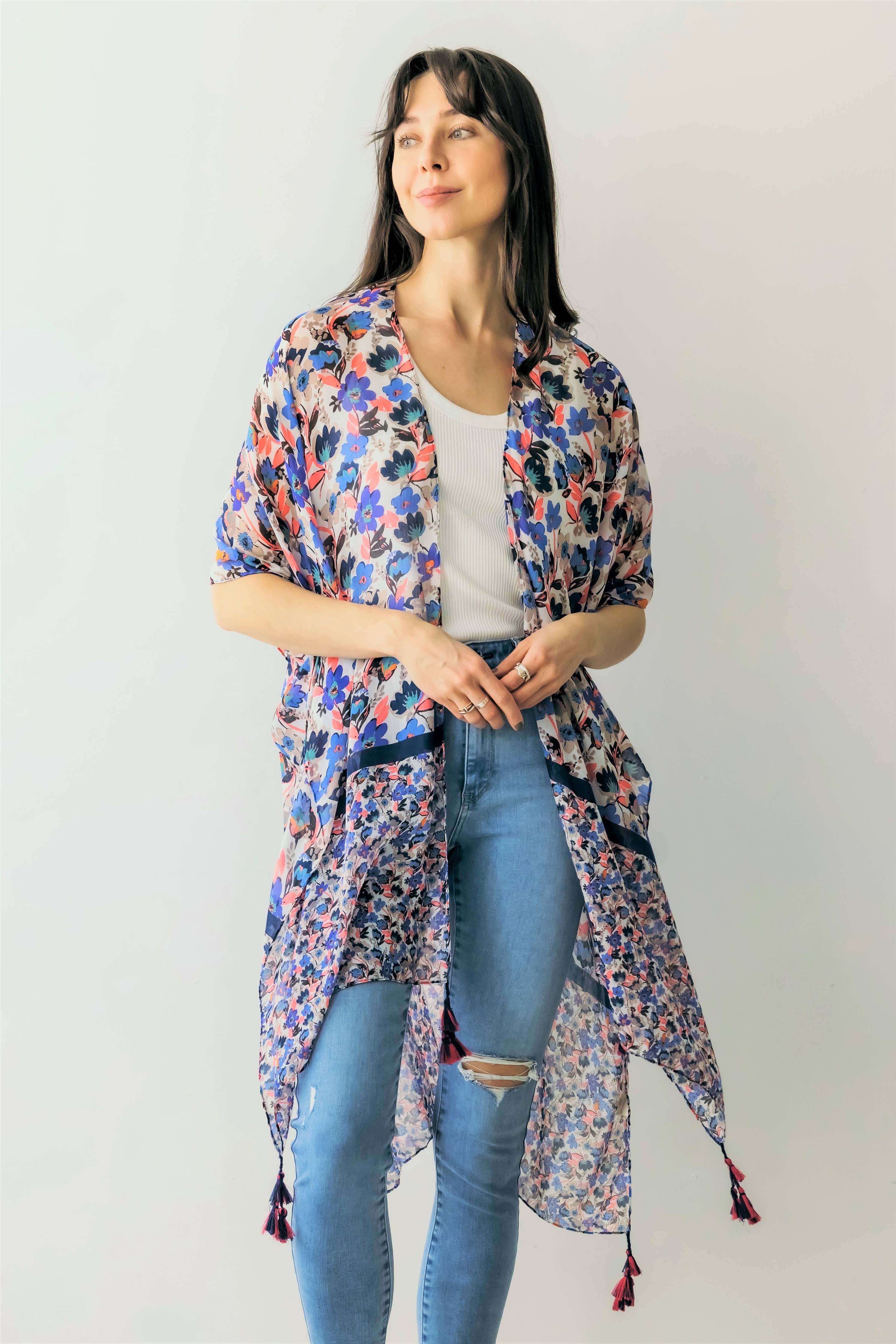 Floral Print Kimono w/ Tassels