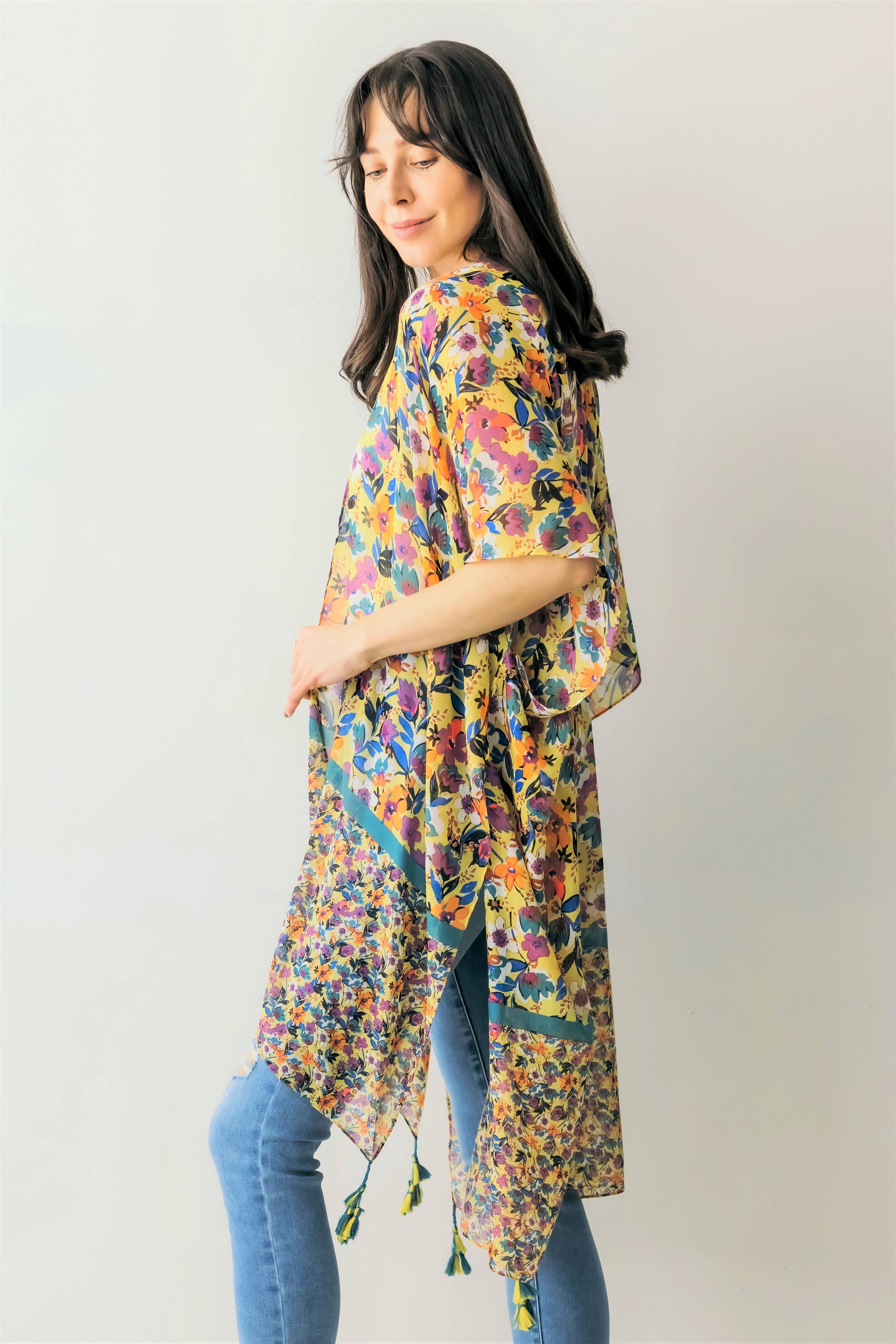 Floral Print Kimono w/ Tassels