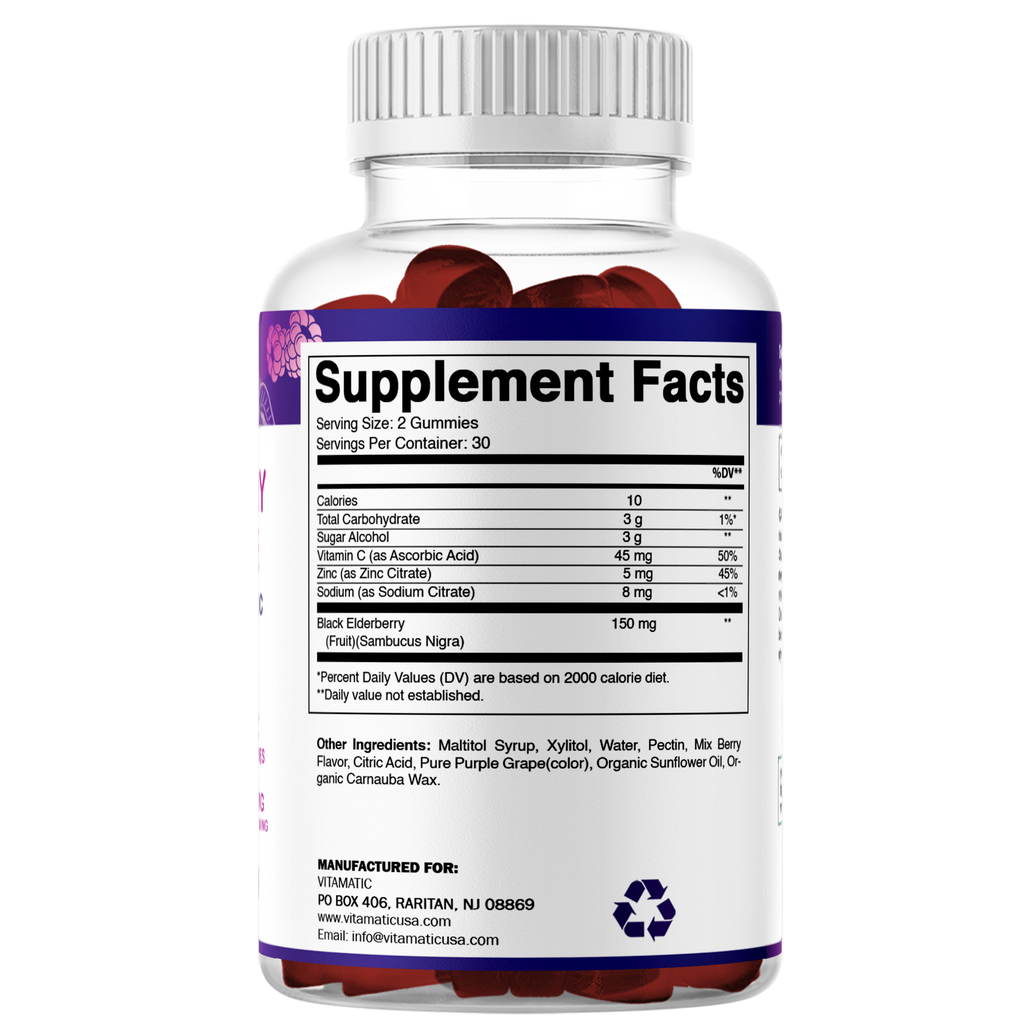 Vitamatic Elderberry Gummies | Zinc & Vitamin C | 60ct