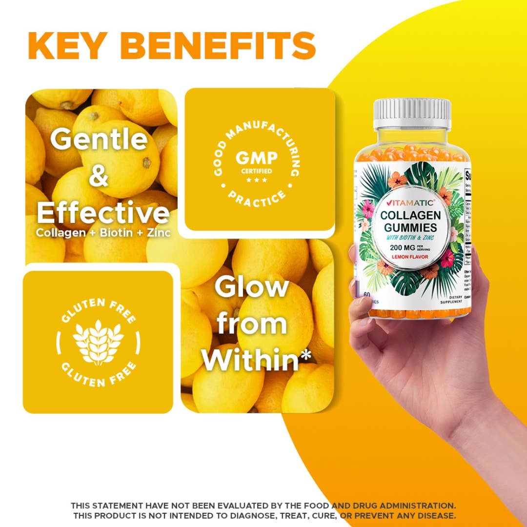 Vitamatic Hydrolyzed Collagen Gummies| Zinc and Biotin| 60ct