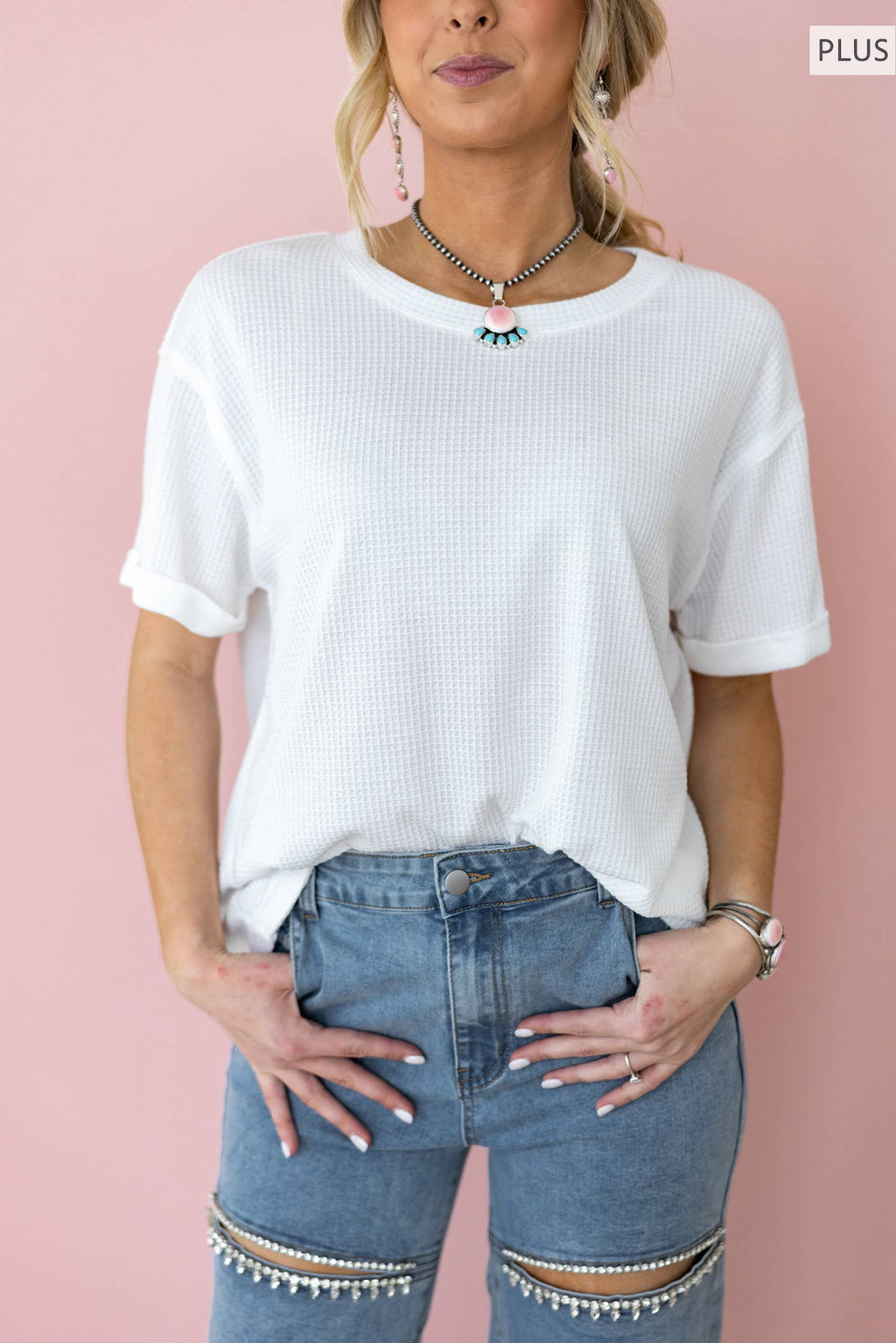 PLUS SIZE Short Sleeve Two-Tone Thermal Top