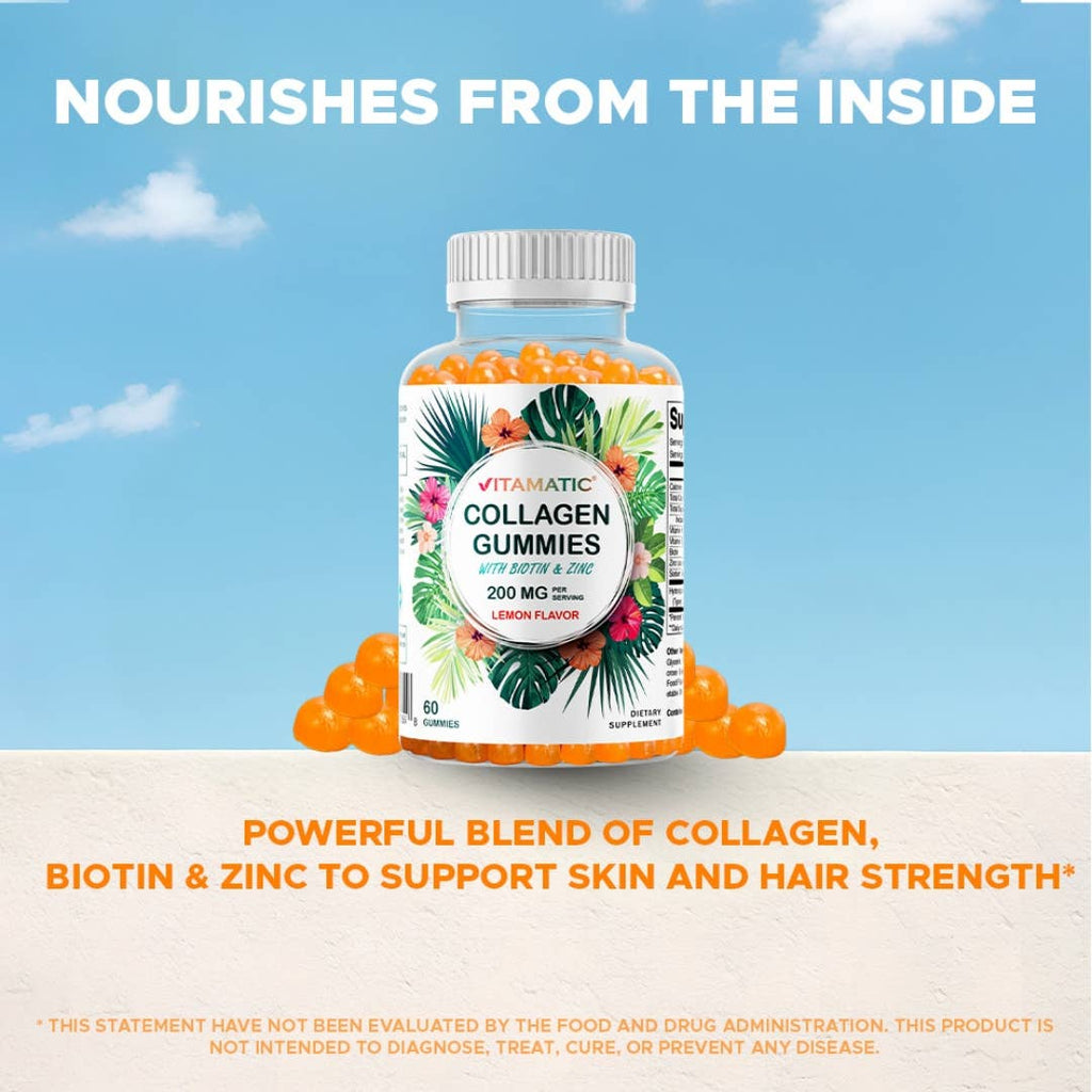 Vitamatic Hydrolyzed Collagen Gummies| Zinc and Biotin| 60ct