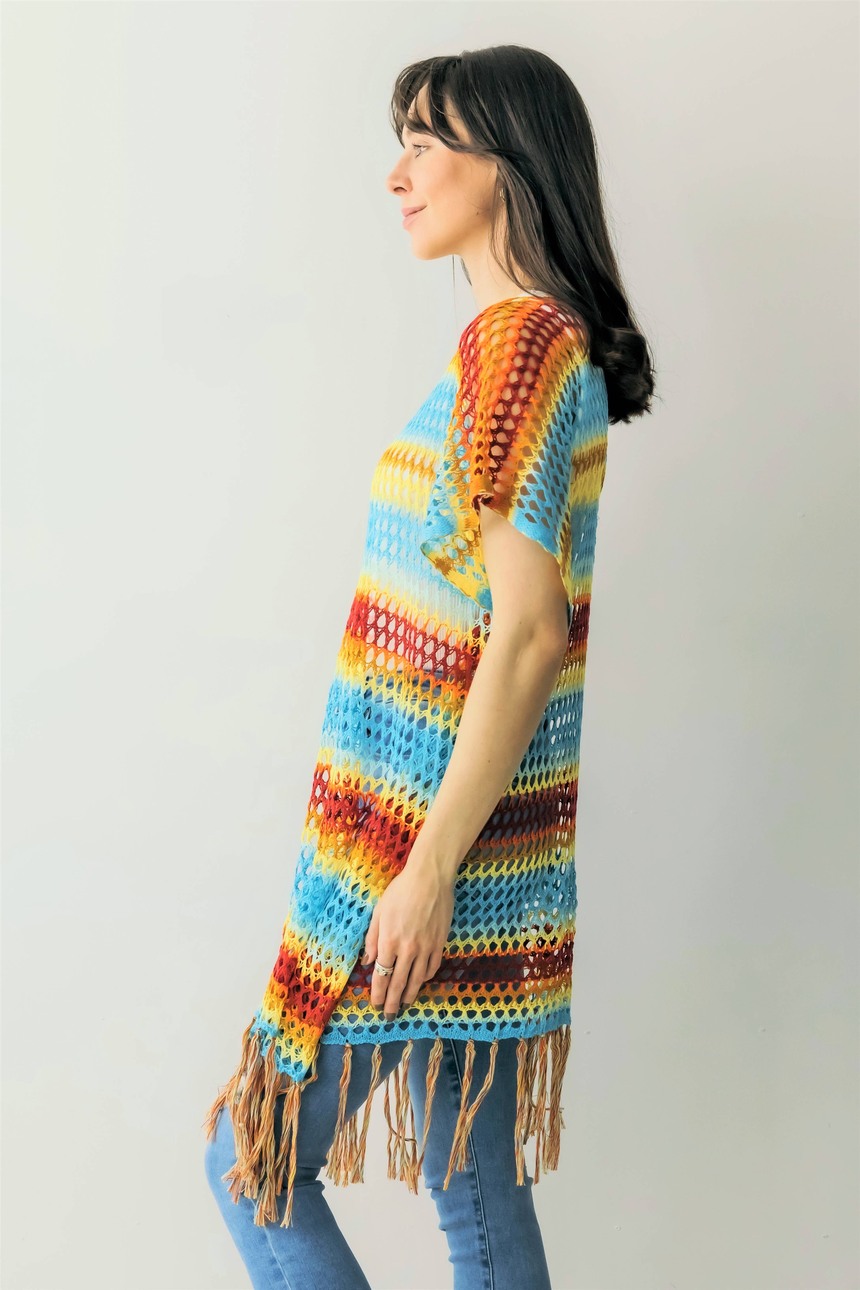 Color Block Open Weave Knit Poncho w/ Tassels