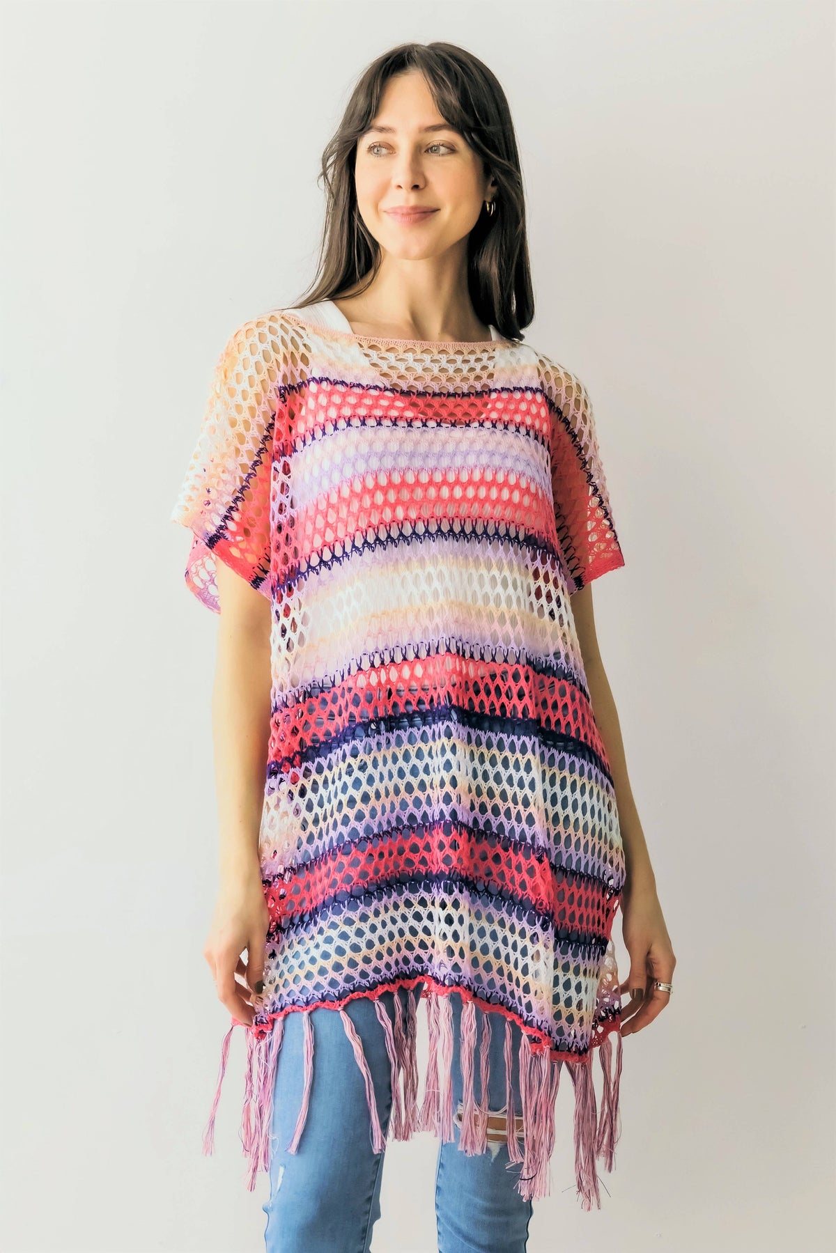 Color Block Open Weave Knit Poncho w/ Tassels